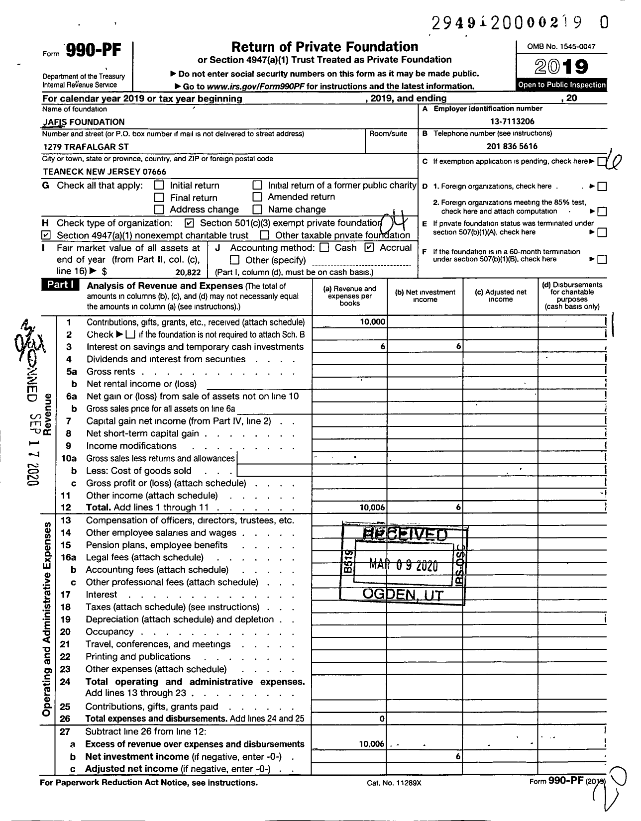 Image of first page of 2019 Form 990PR for Jafis Foundation