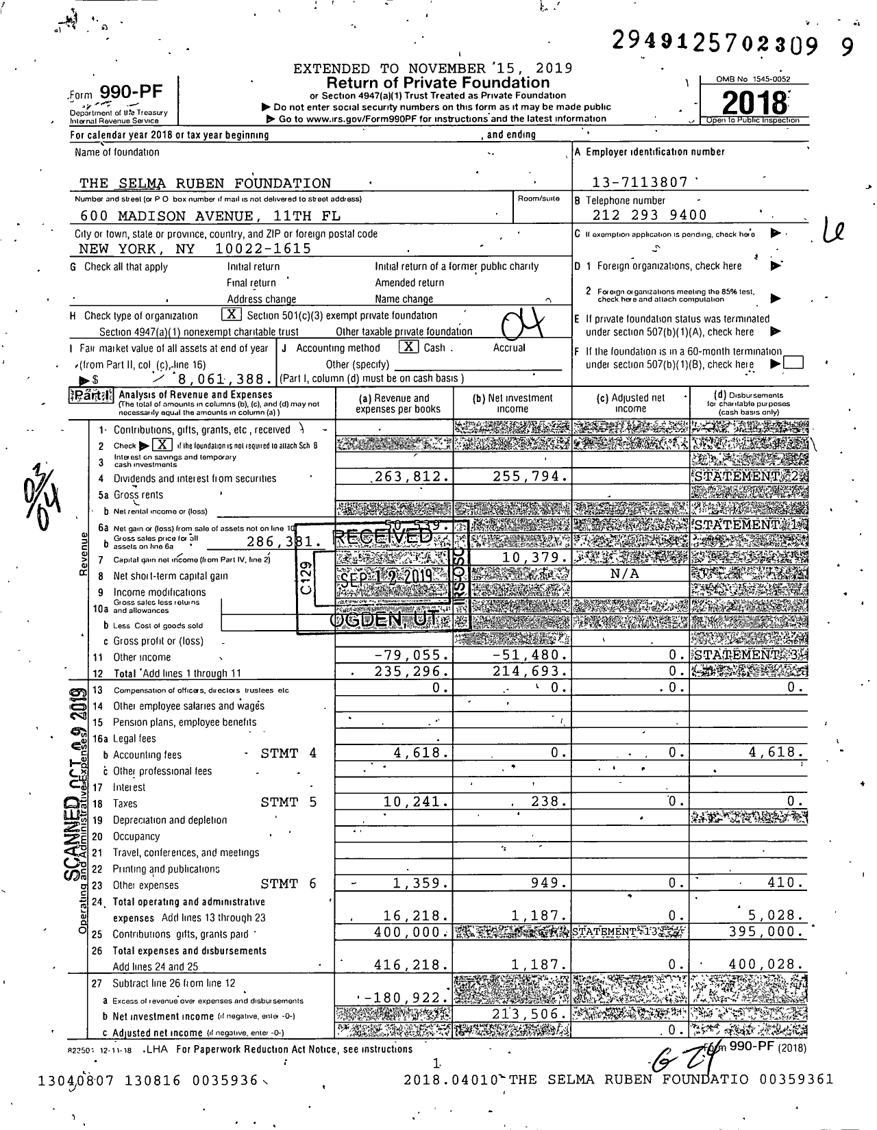 Image of first page of 2018 Form 990PF for The Selma Ruben Foundation
