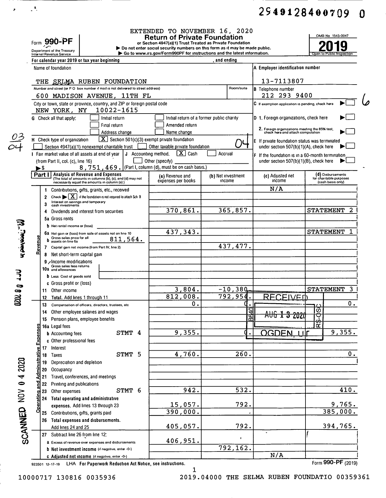 Image of first page of 2019 Form 990PF for The Selma Ruben Foundation