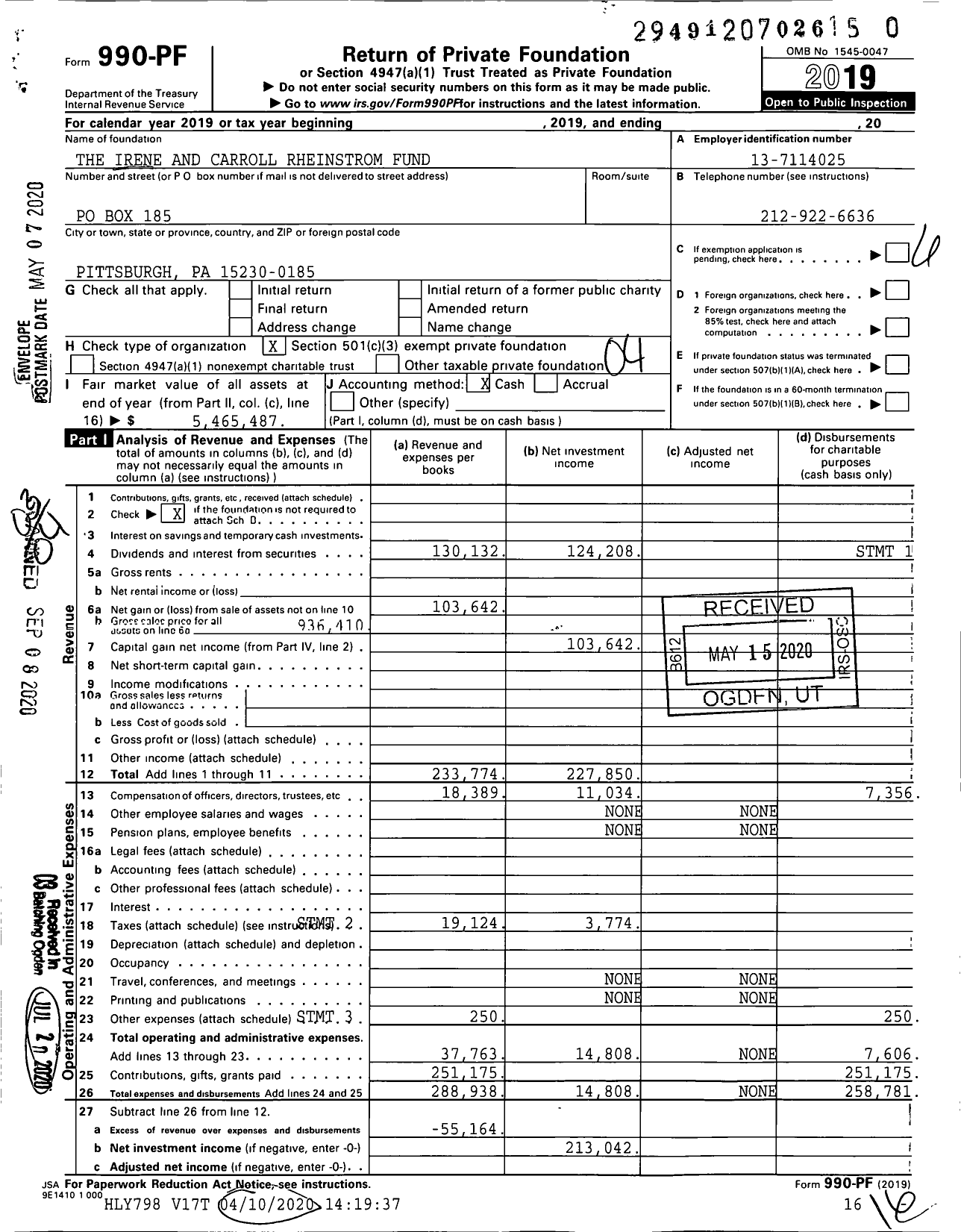 Image of first page of 2019 Form 990PR for The Irene and Carroll Rheinstrom Fund