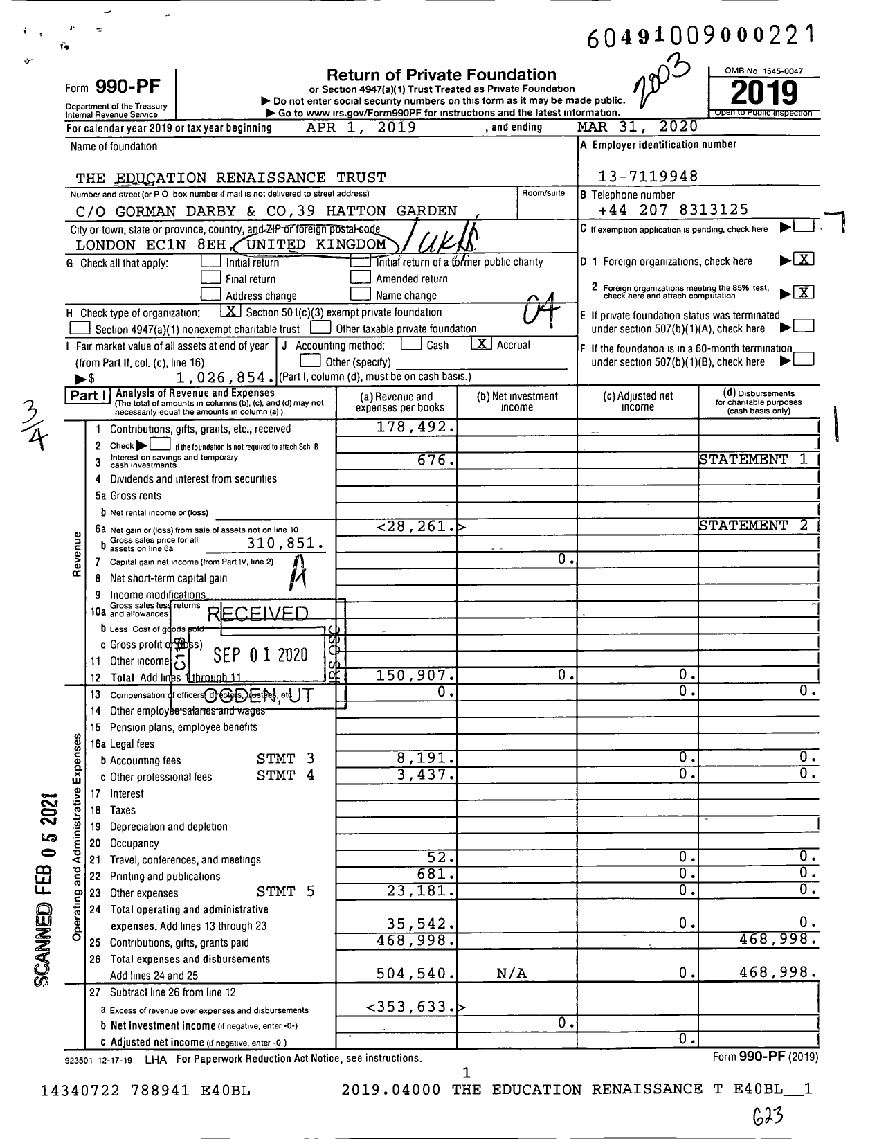 Image of first page of 2019 Form 990PF for The Education Renaissance Trust