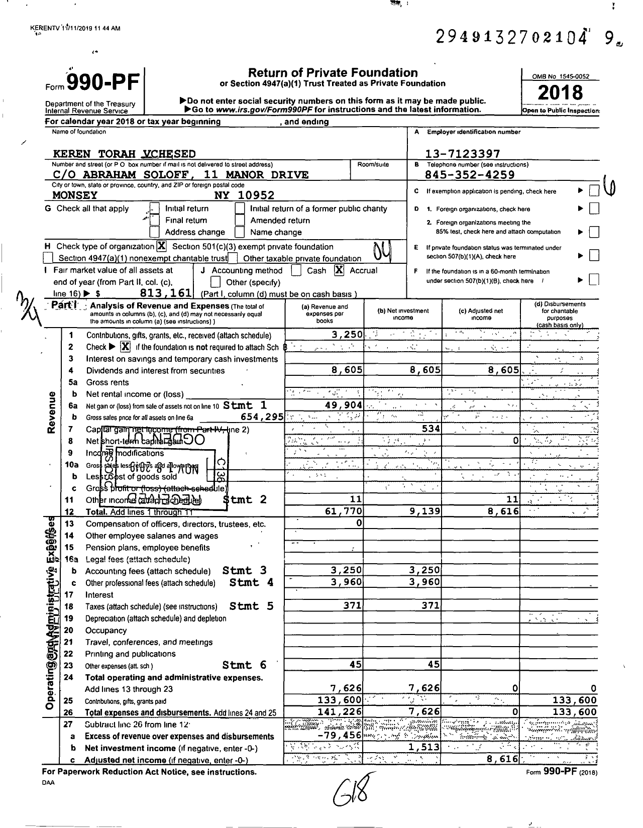 Image of first page of 2018 Form 990PF for Keren Torah Torah@vchesed