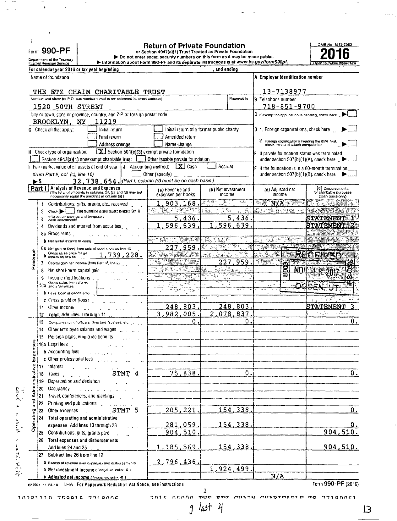 Image of first page of 2016 Form 990PF for The Etz Chaim Charitable Trust