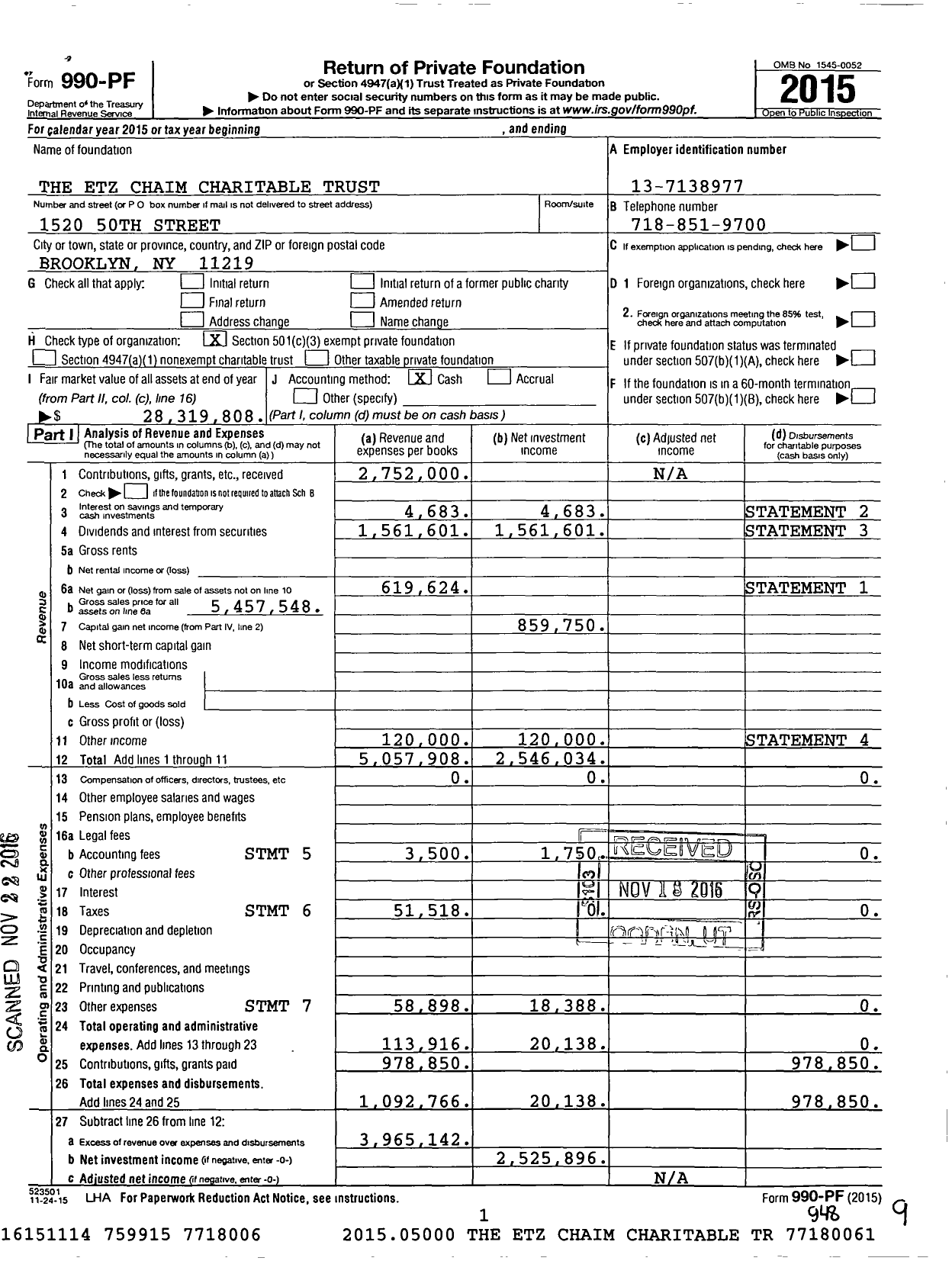 Image of first page of 2015 Form 990PF for The Etz Chaim Charitable Trust