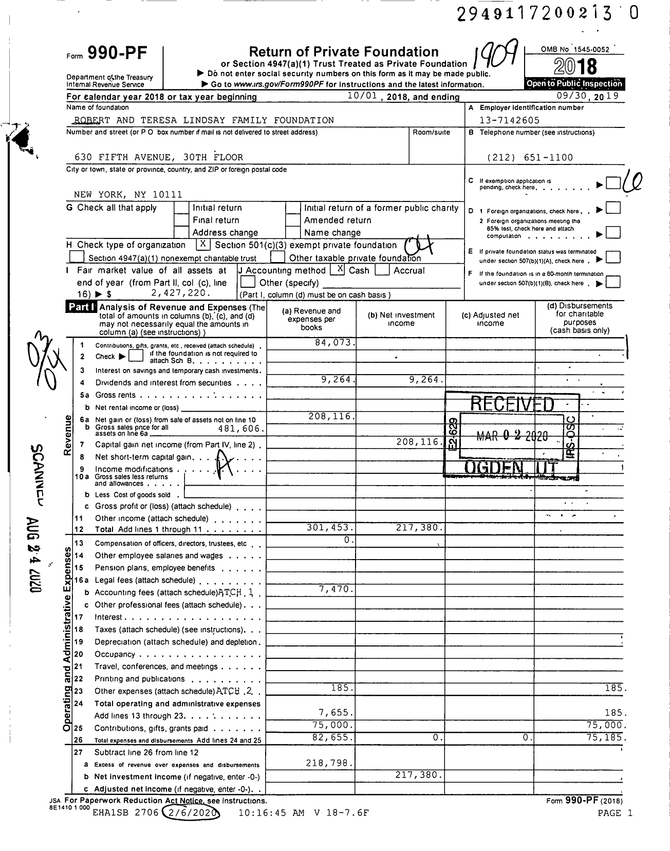 Image of first page of 2018 Form 990PR for Robert and Teresa Lindsay Family Foundation