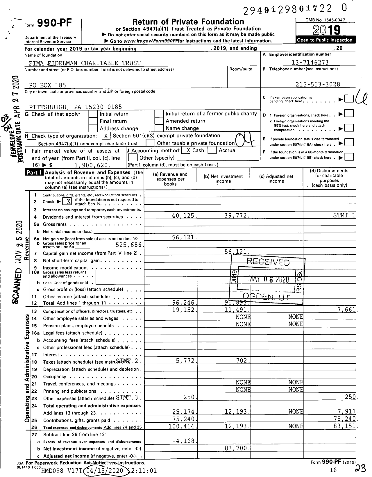 Image of first page of 2019 Form 990PF for Fima Fidelman Charitable Trust