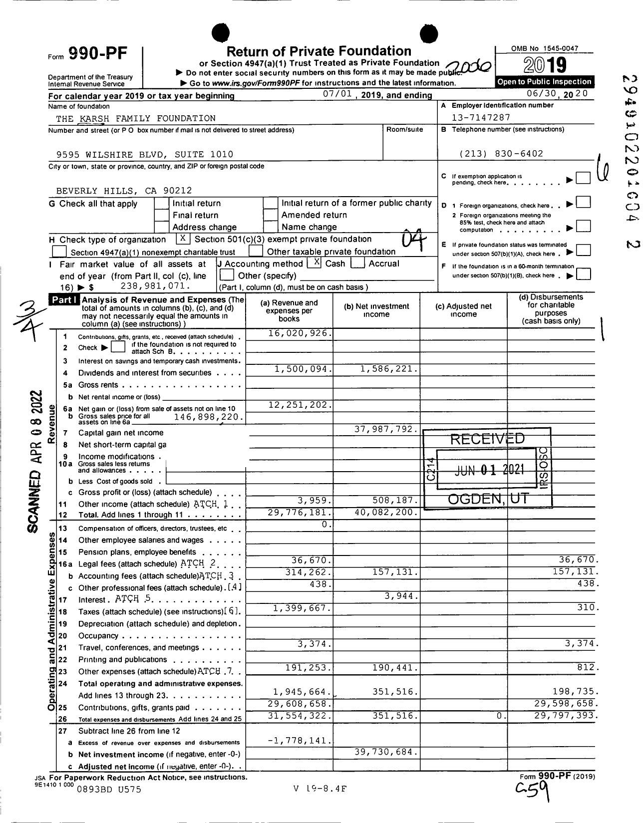 Image of first page of 2019 Form 990PF for Karsh Family Foundation