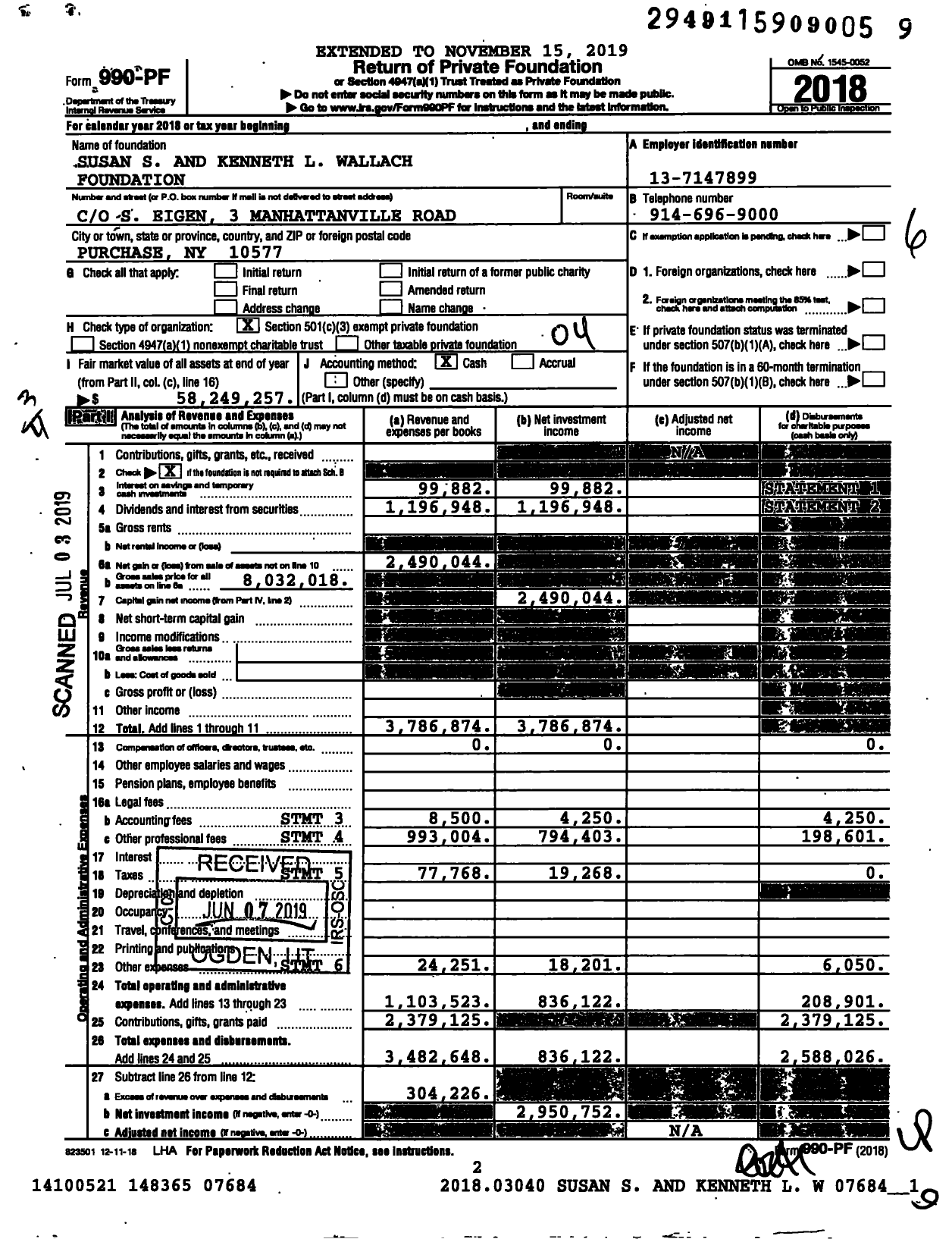 Image of first page of 2018 Form 990PF for Susan S. and Kenneth Wallach Foundation