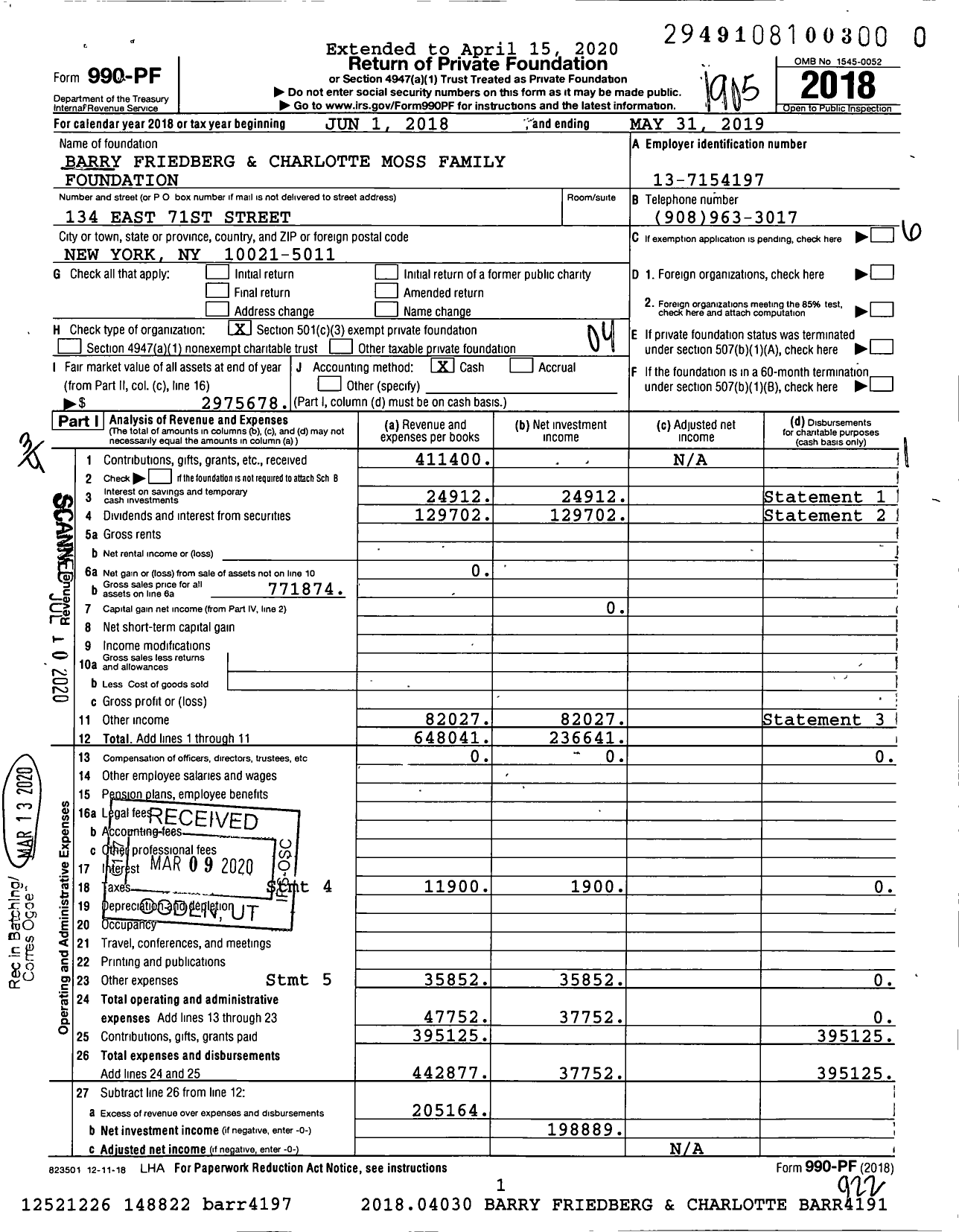 Image of first page of 2018 Form 990PR for Barry Friedberg and Charlotte Moss Family Foundation