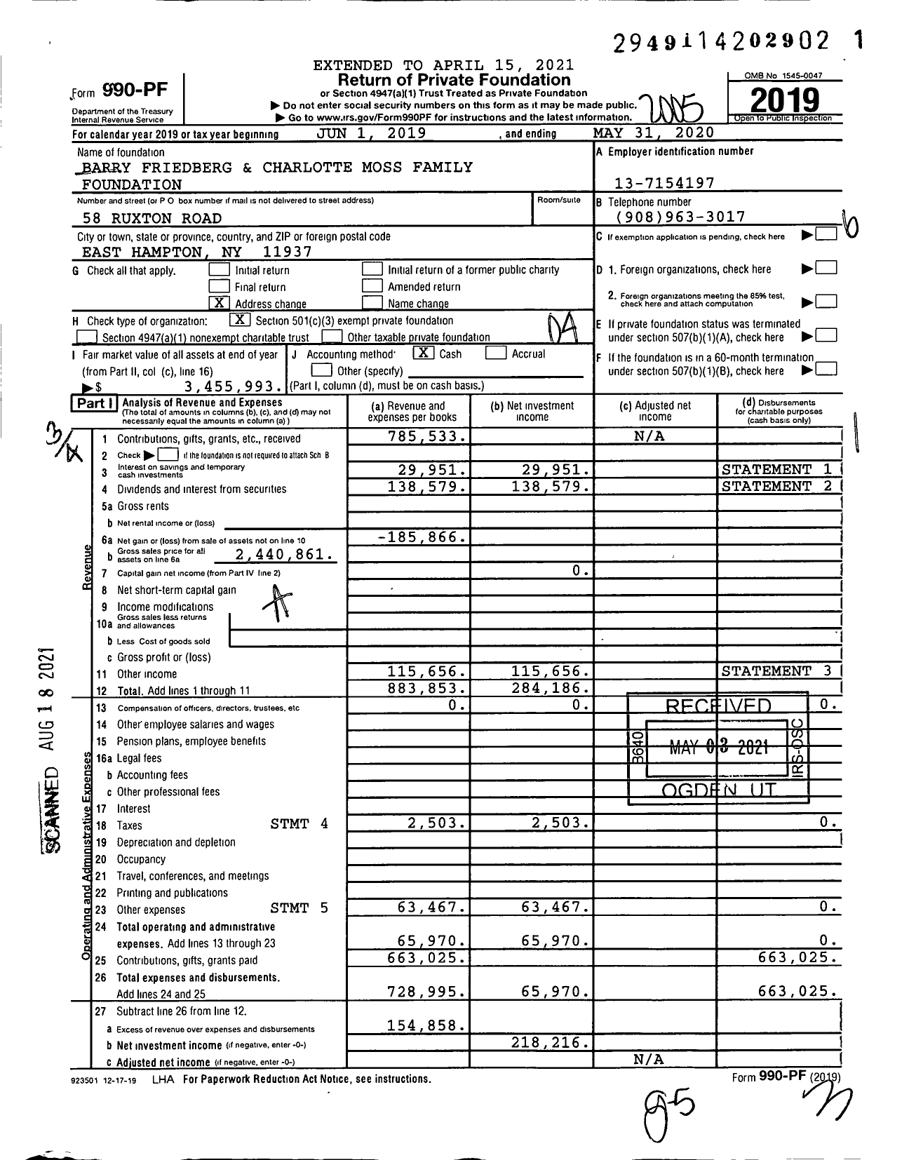 Image of first page of 2019 Form 990PF for Barry Friedberg and Charlotte Moss Family Foundation