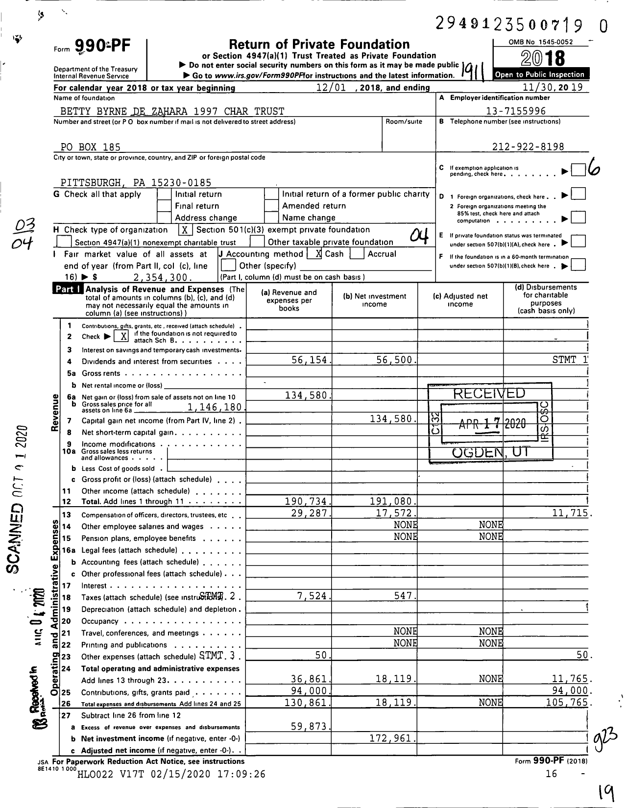 Image of first page of 2018 Form 990PR for Betty Byrne de Zahara 1997 Char Trust