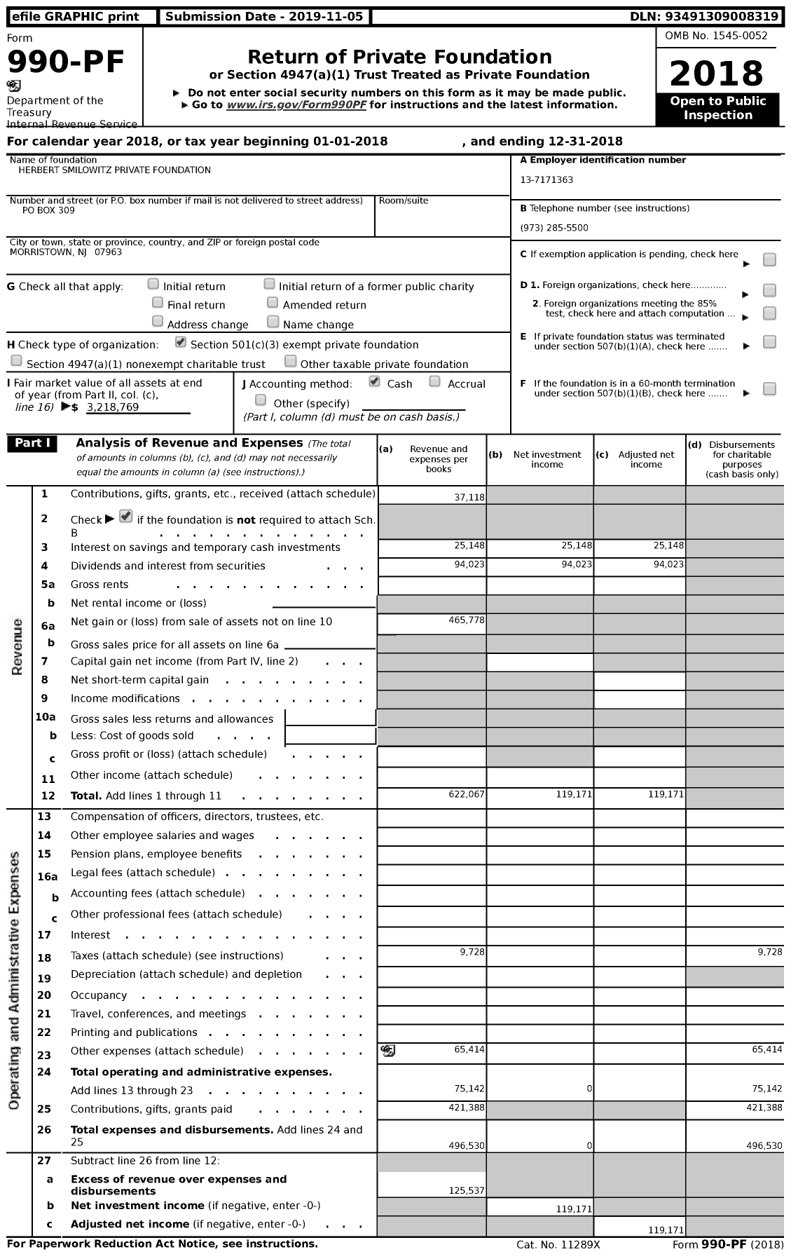 Image of first page of 2018 Form 990PF for Herbert Smilowitz Private Foundation