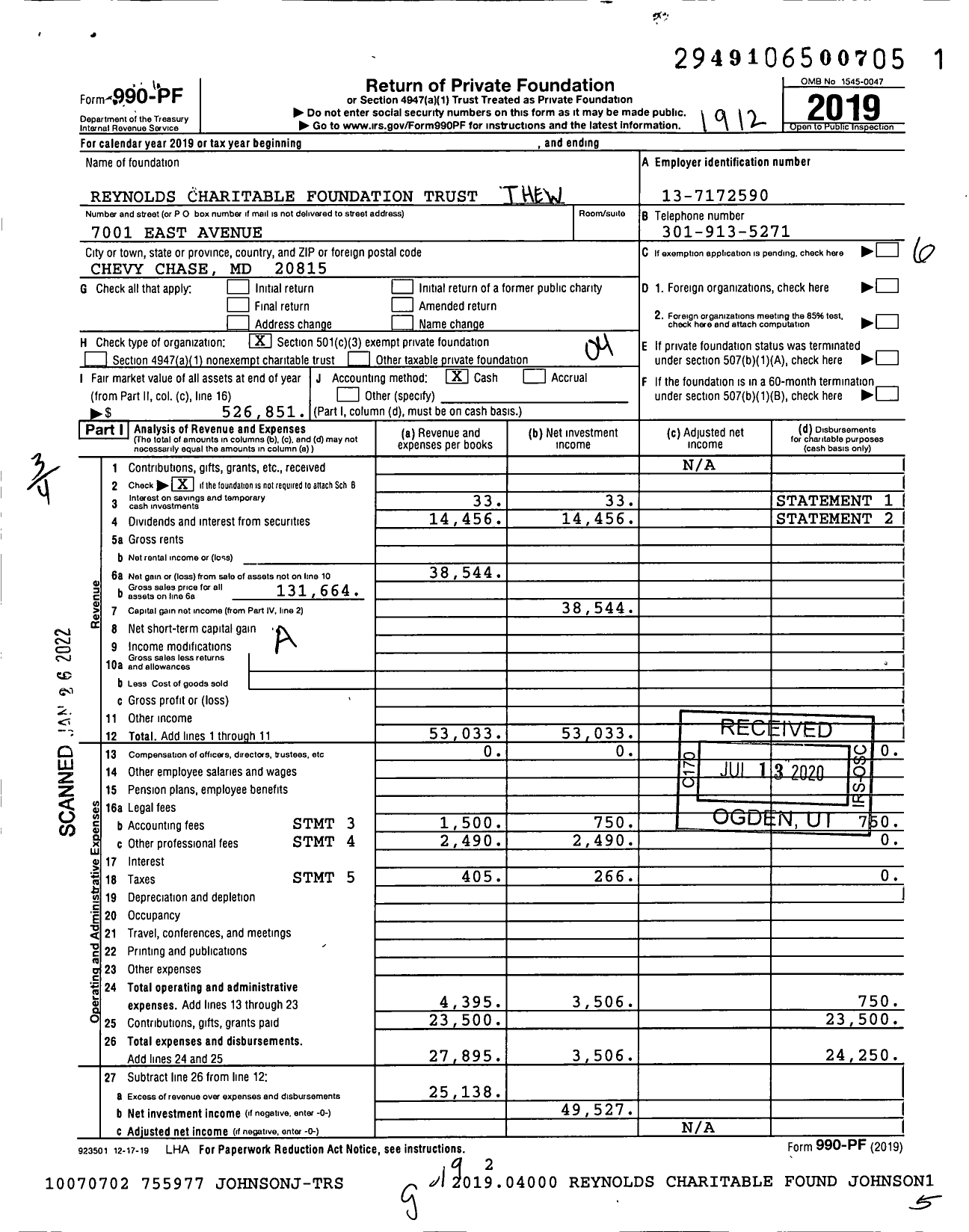 Image of first page of 2019 Form 990PF for Reynolds Charitable Foundation Trust