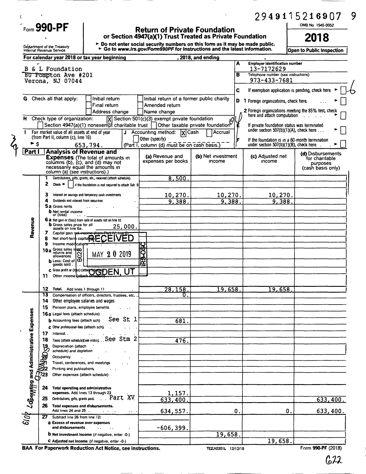 Image of first page of 2018 Form 990PF for B and L Foundation