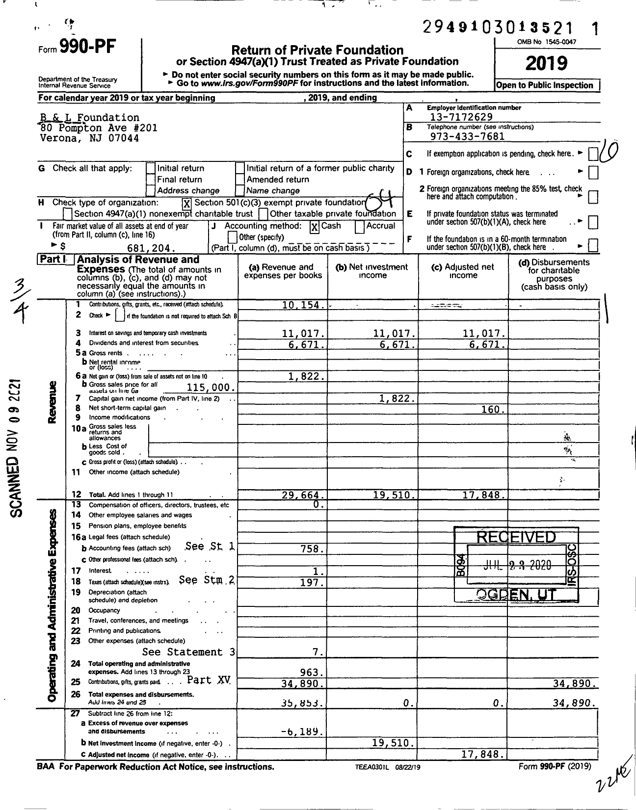 Image of first page of 2019 Form 990PF for B and L Foundation