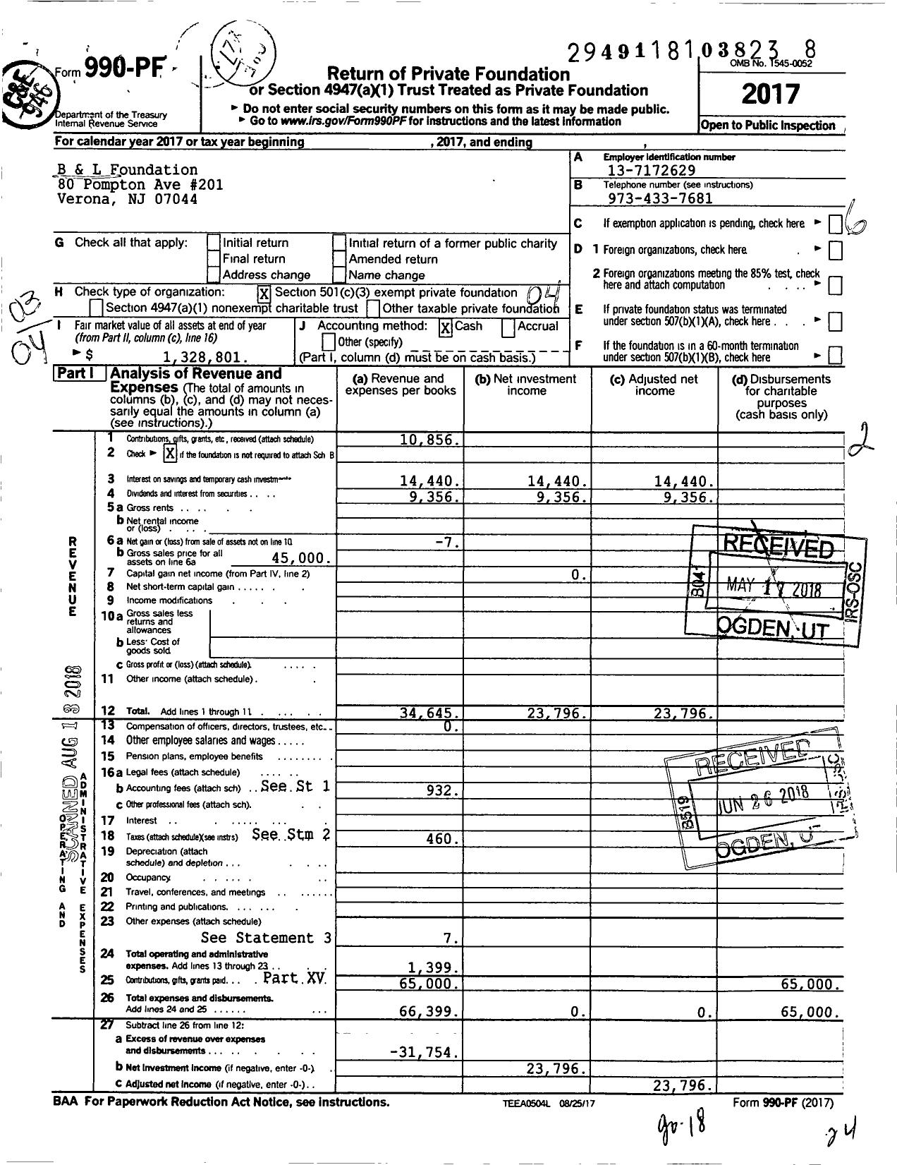 Image of first page of 2017 Form 990PF for B and L Foundation