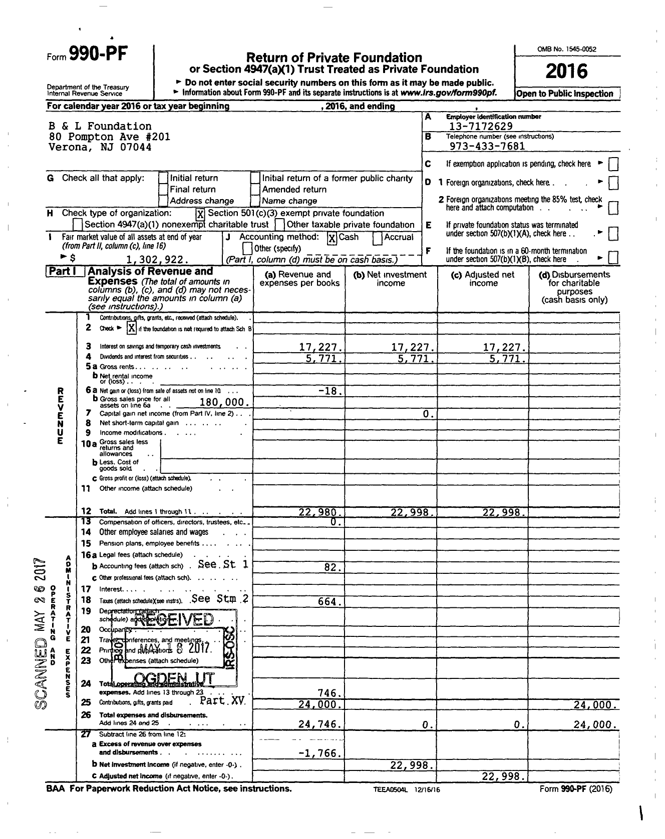 Image of first page of 2016 Form 990PF for B and L Foundation