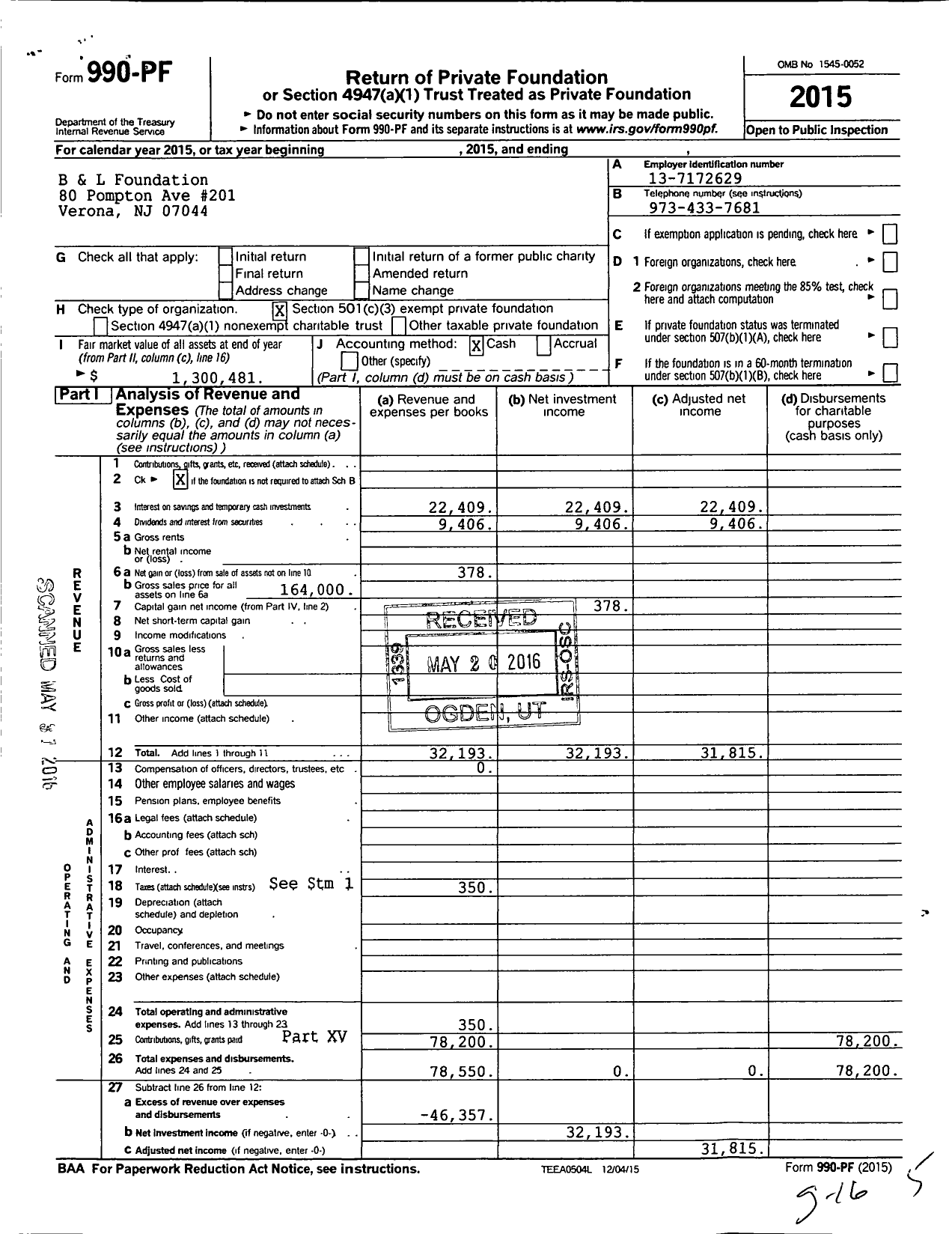 Image of first page of 2015 Form 990PF for B and L Foundation