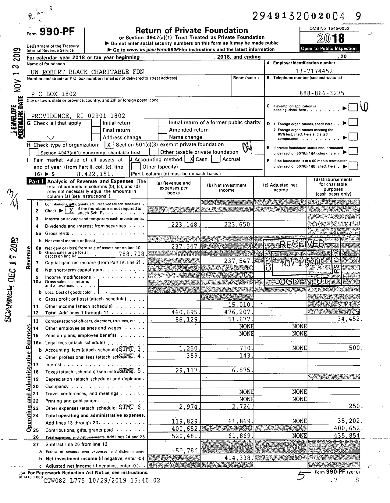 Image of first page of 2018 Form 990PF for Uw Robert Black Charitable Foundation