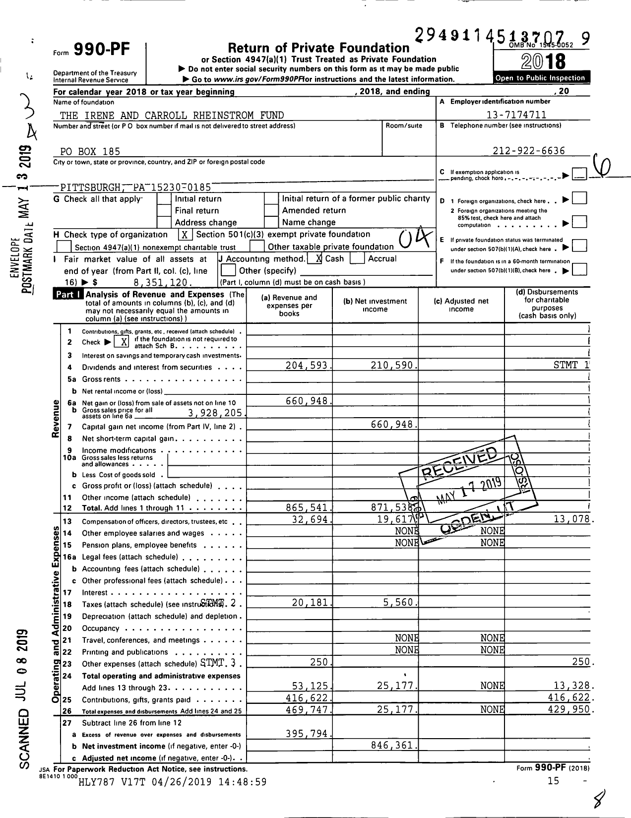 Image of first page of 2018 Form 990PF for The Irene and Carroll Rheinstrom Fund