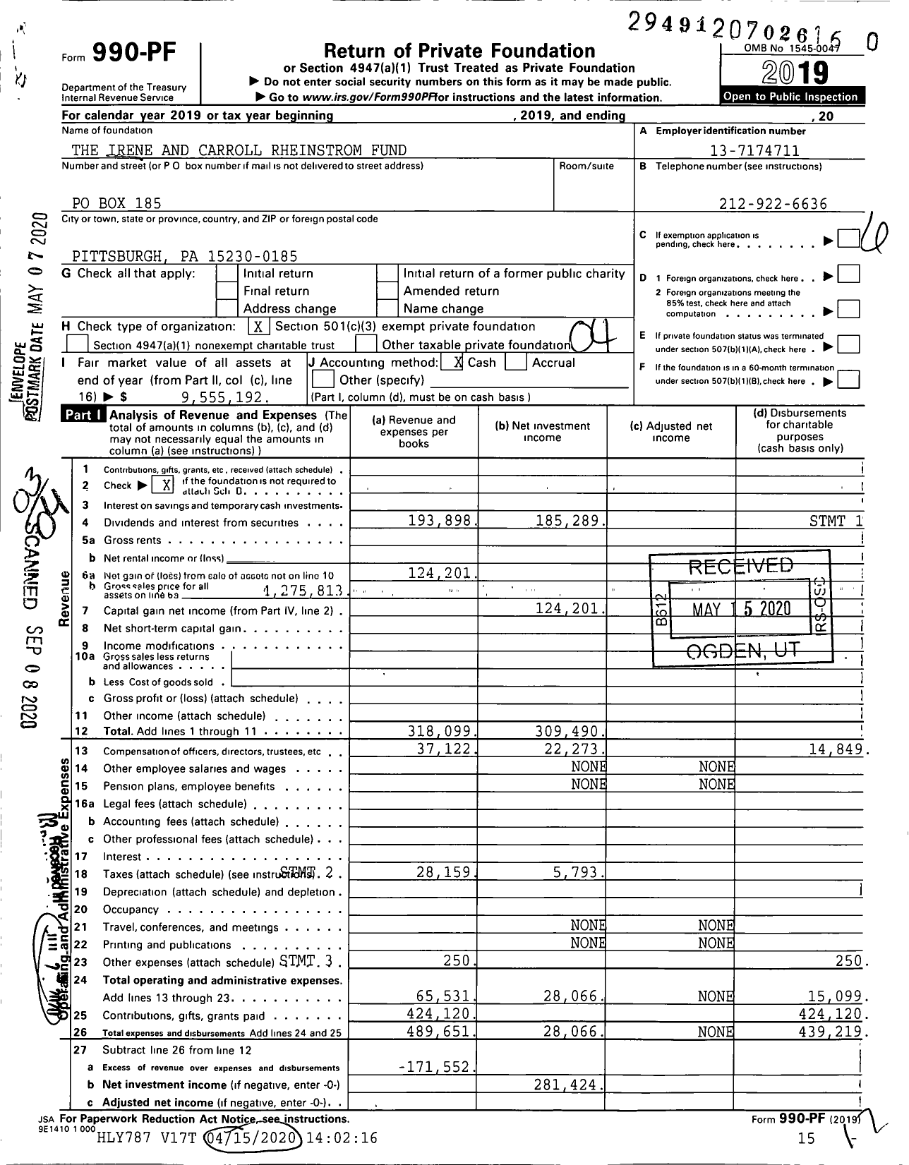 Image of first page of 2019 Form 990PR for The Irene and Carroll Rheinstrom Fund