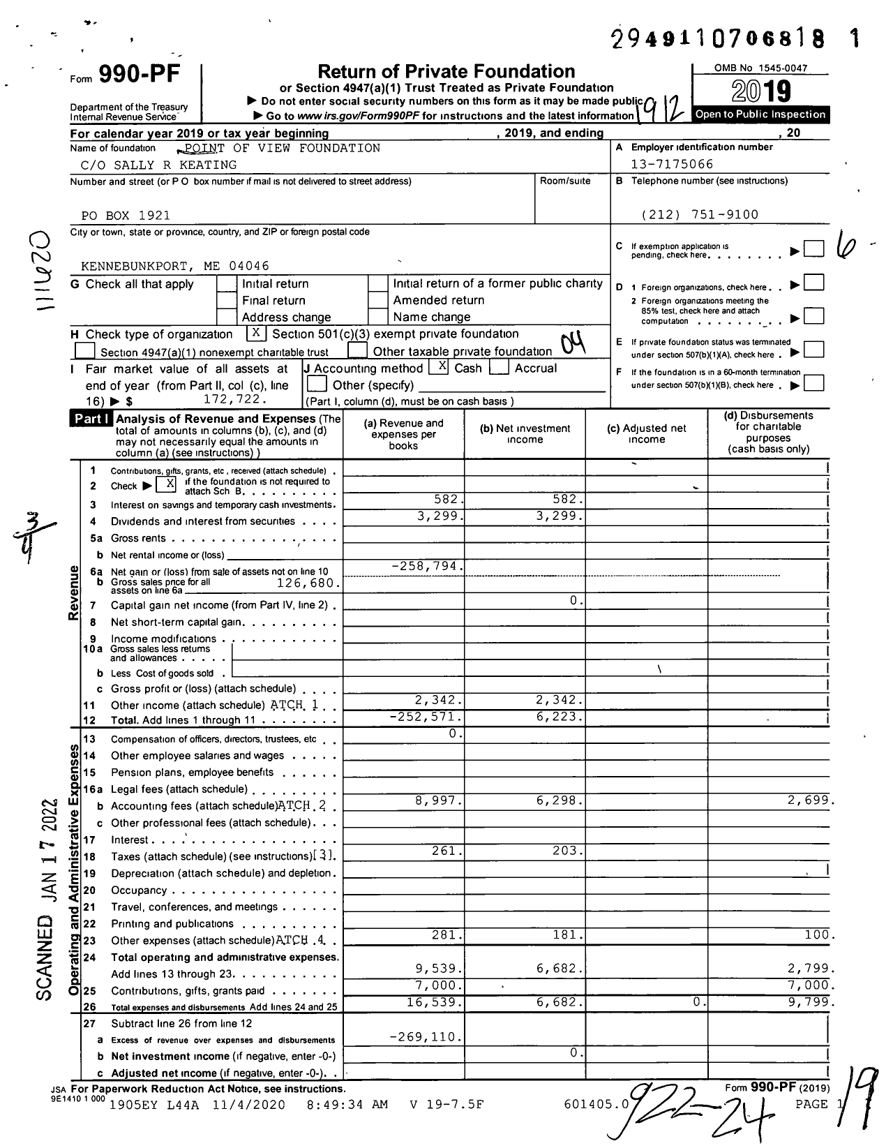 Image of first page of 2019 Form 990PF for Point of View Foundation / Keating Sally R Et Al Ttee
