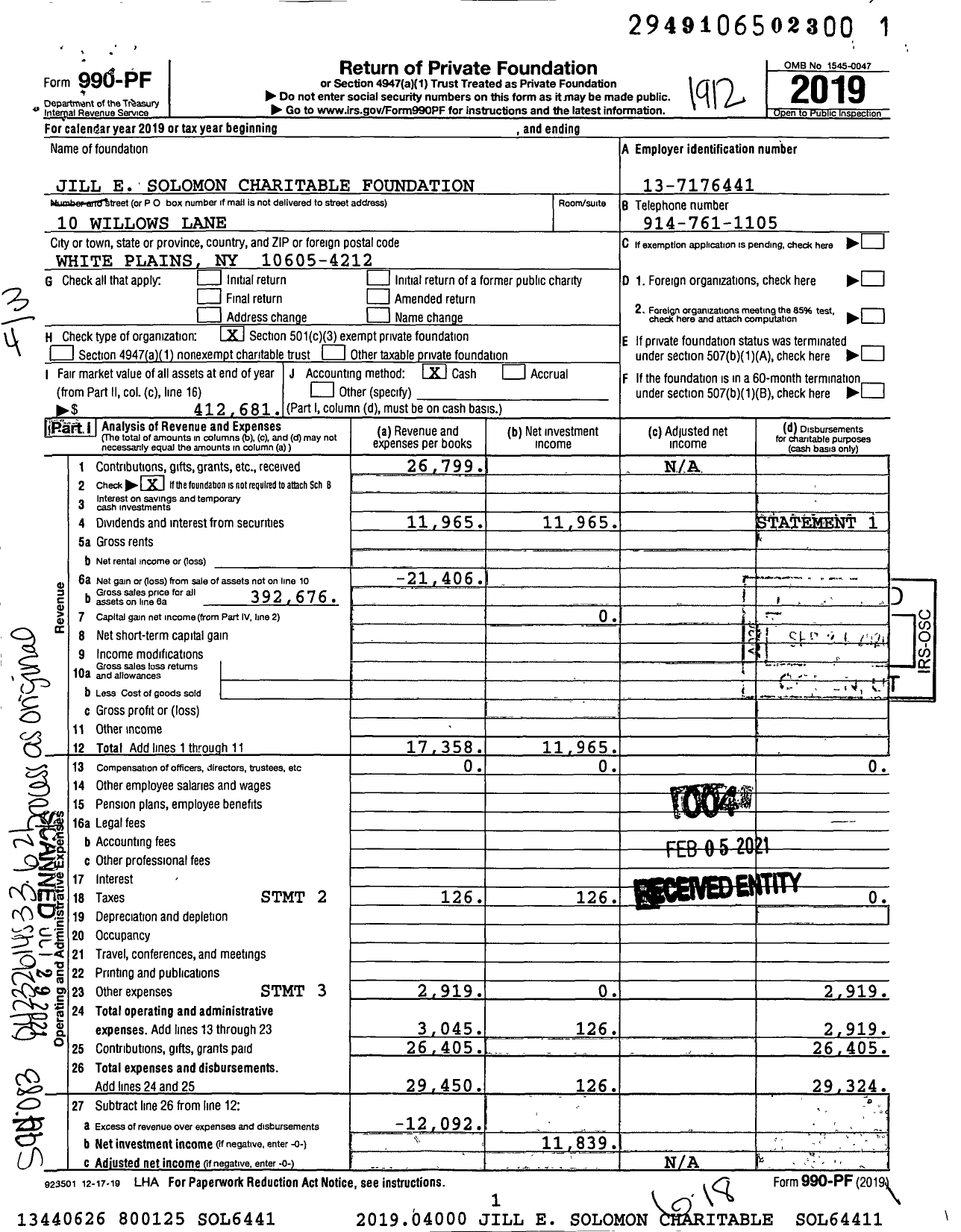 Image of first page of 2019 Form 990PF for Jill E Solomon Charitable Foundation