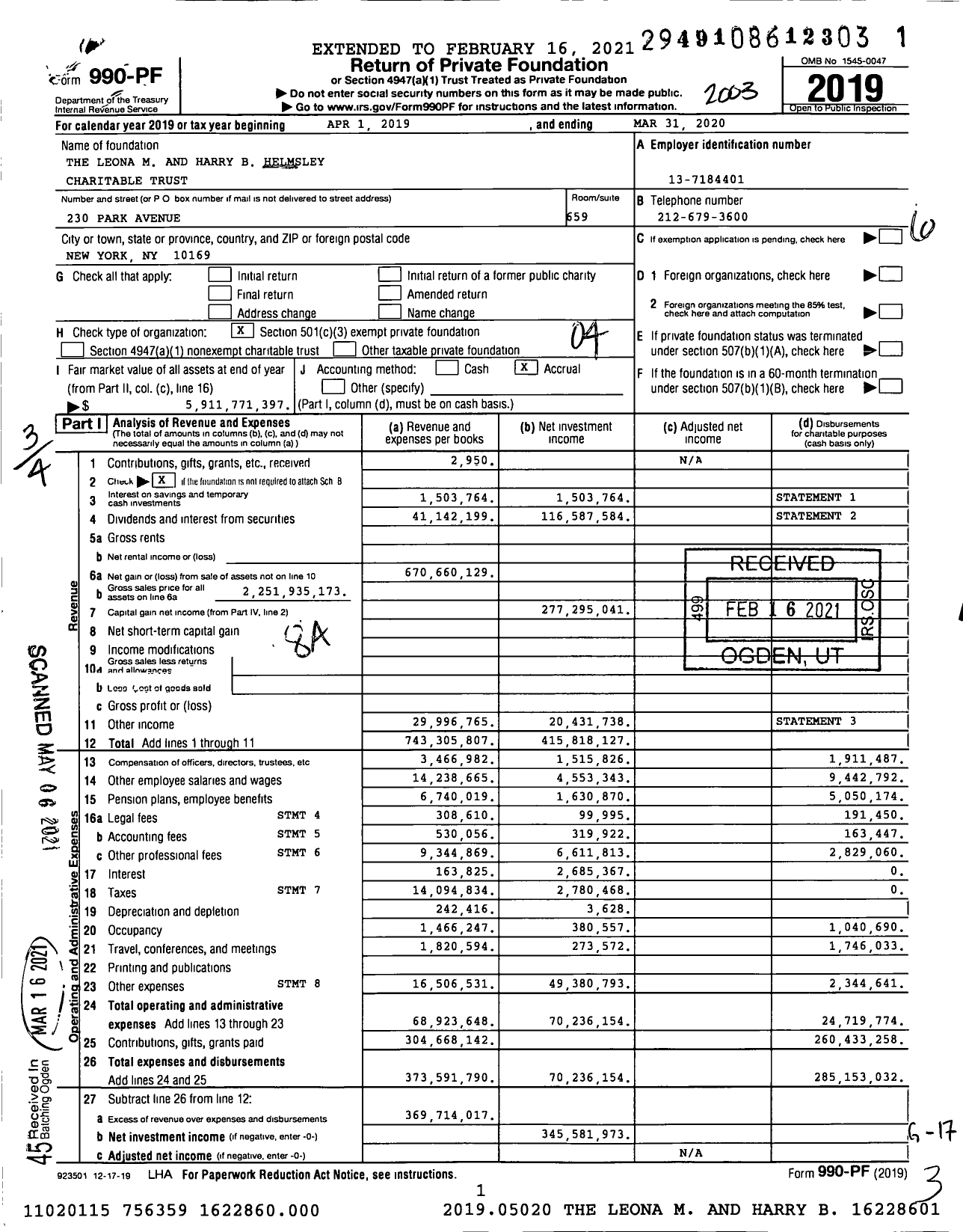 Image of first page of 2019 Form 990PF for The Leona M and Harry B Helmsley Charitable Trust