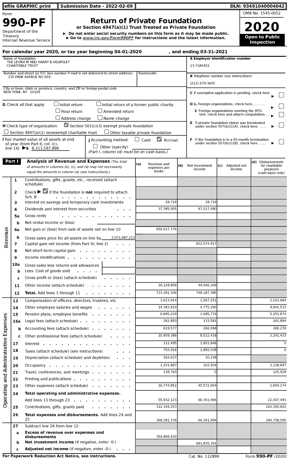 Image of first page of 2020 Form 990PF for The Leona M and Harry B Helmsley Charitable Trust