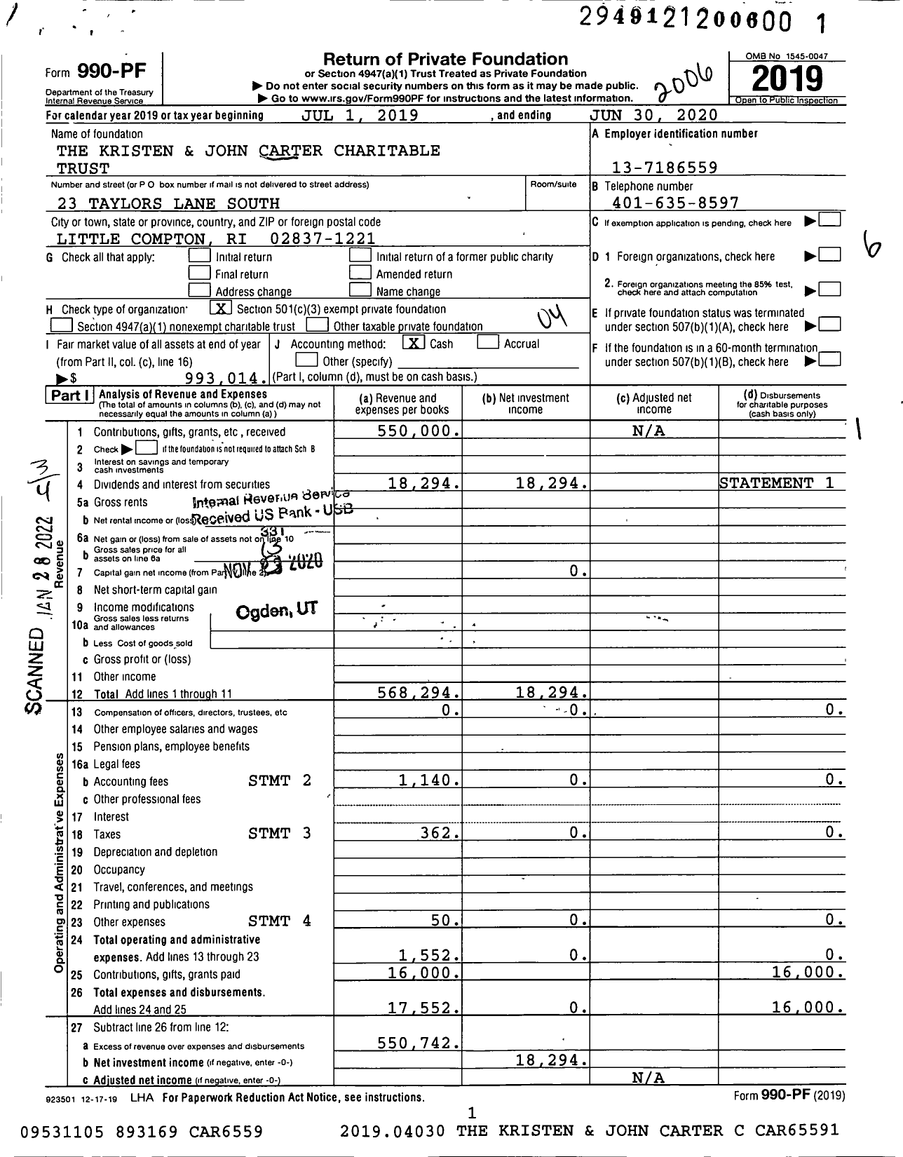 Image of first page of 2019 Form 990PF for The Kristen and John Carter Charitable Trust