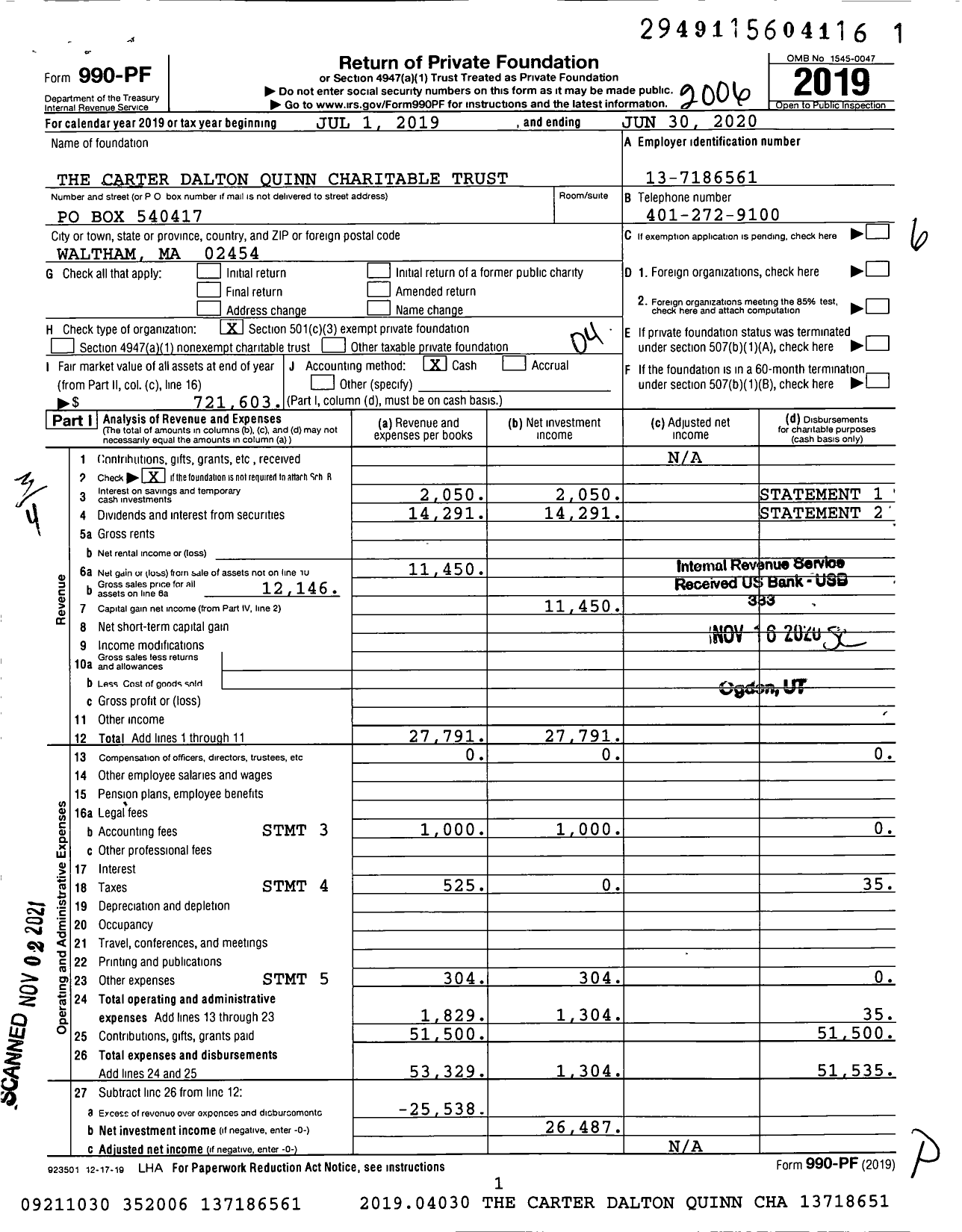 Image of first page of 2019 Form 990PF for The Carter Dalton Quinn Charitable Trust