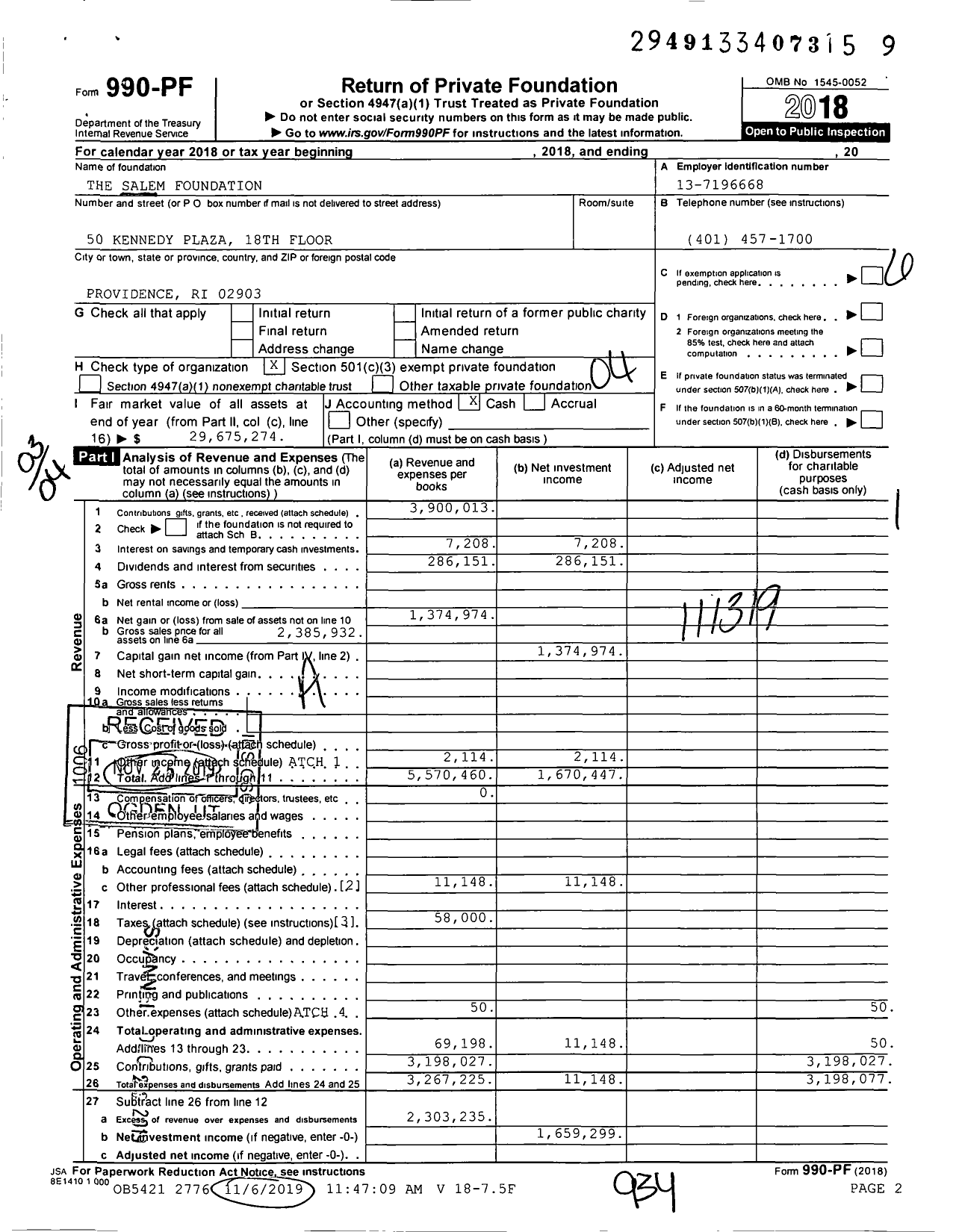 Image of first page of 2018 Form 990PF for The Salem Foundation / Salem Paul J Ttee