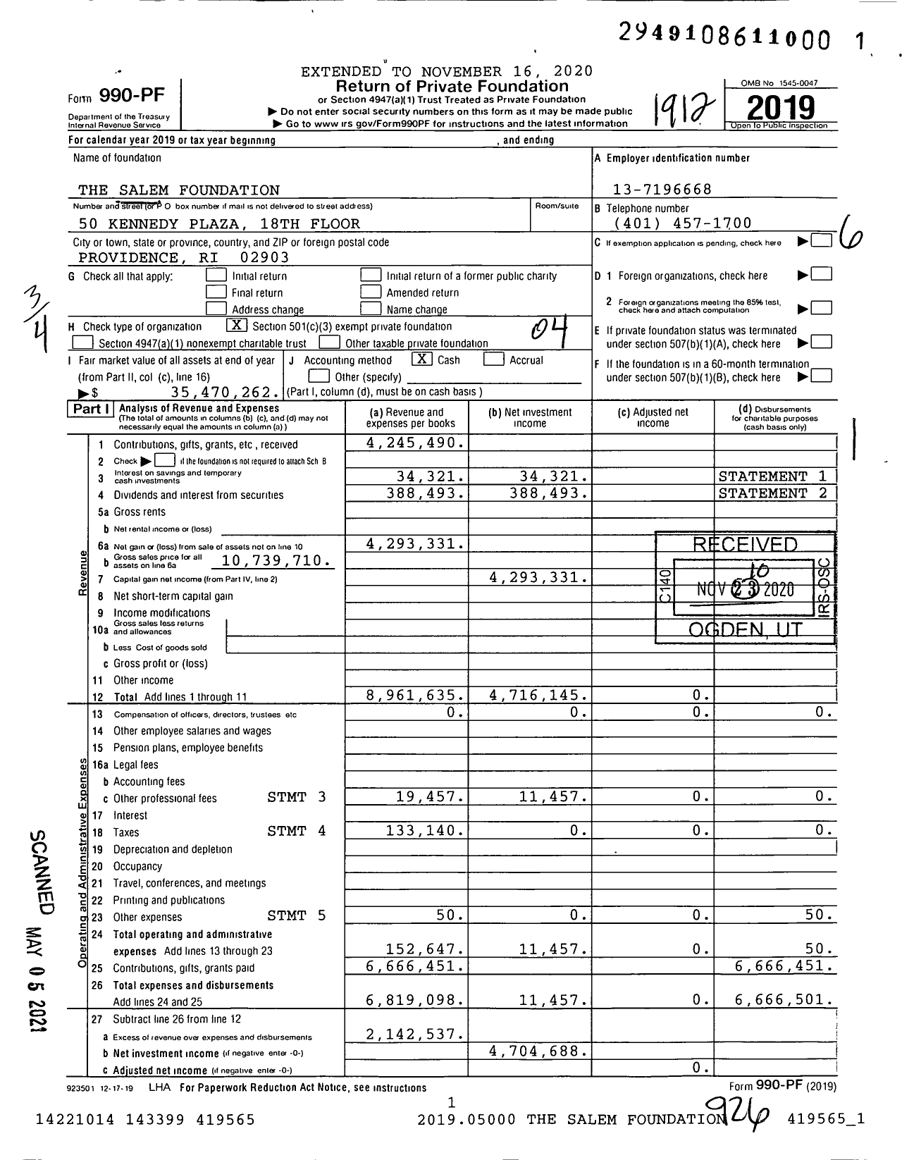 Image of first page of 2019 Form 990PF for The Salem Foundation / Salem Paul J Ttee