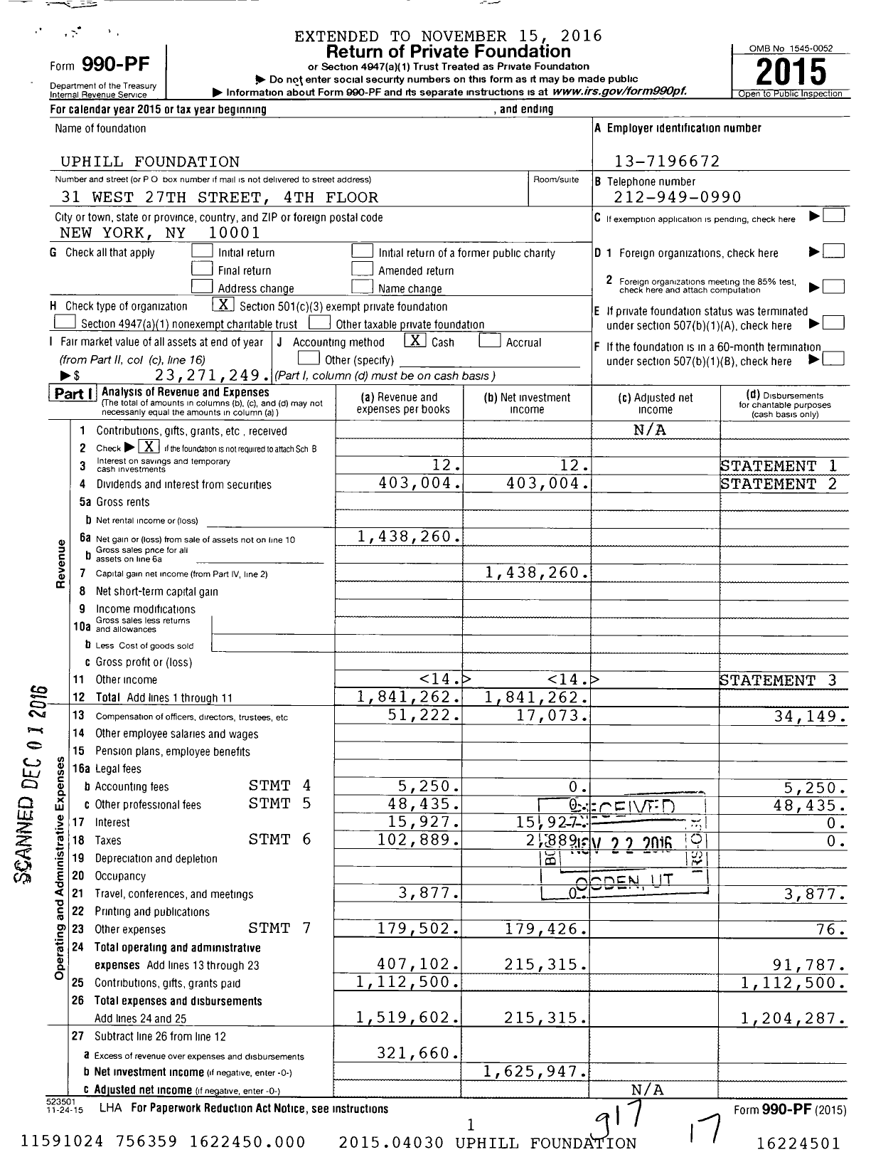 Image of first page of 2015 Form 990PF for Uphill Foundation