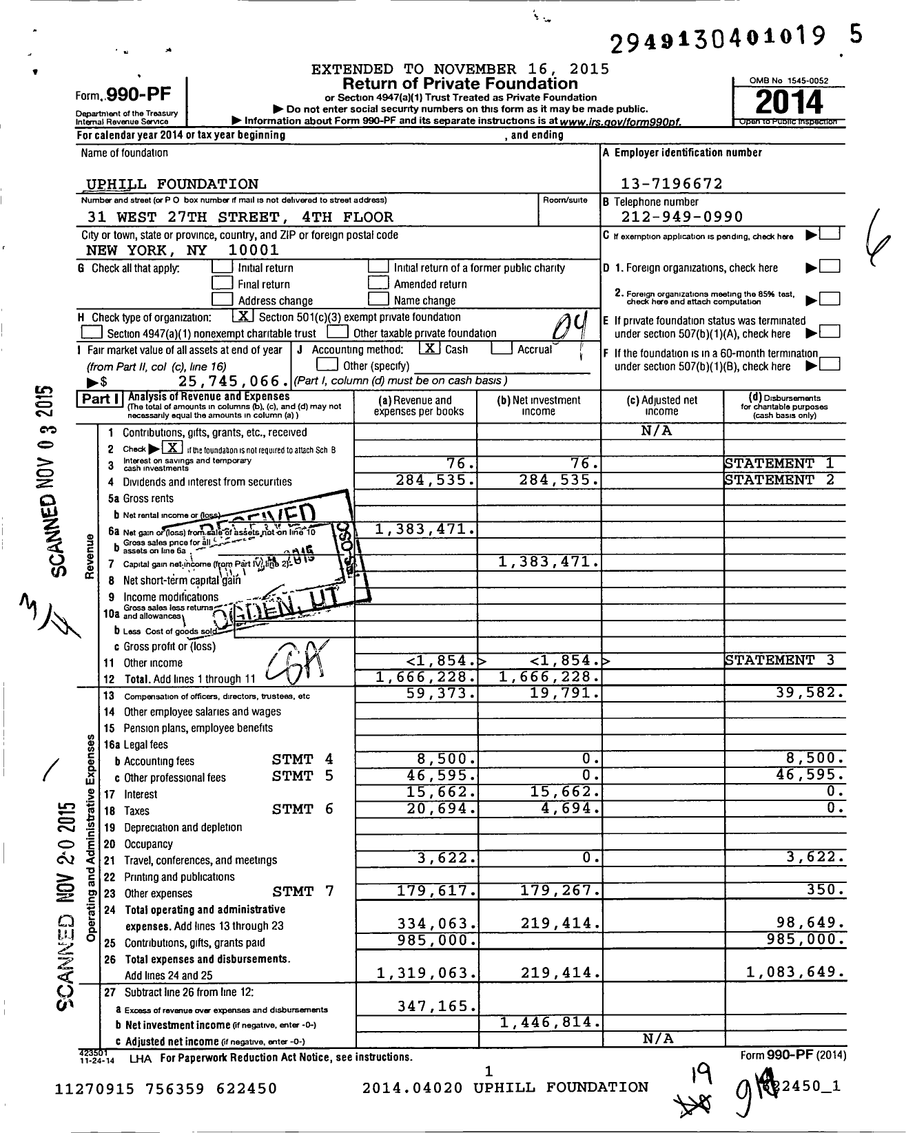 Image of first page of 2014 Form 990PF for Uphill Foundation