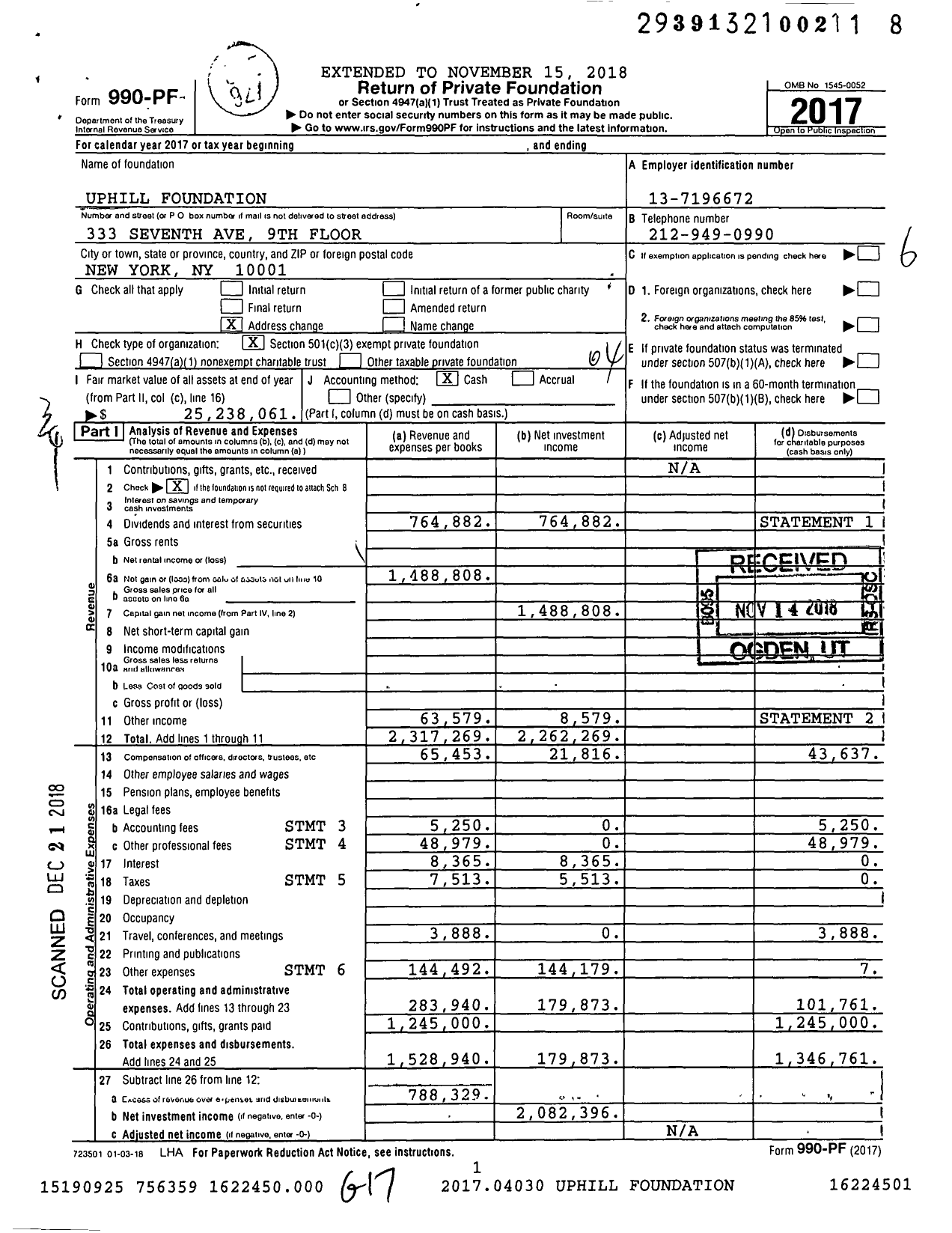 Image of first page of 2017 Form 990PF for Uphill Foundation