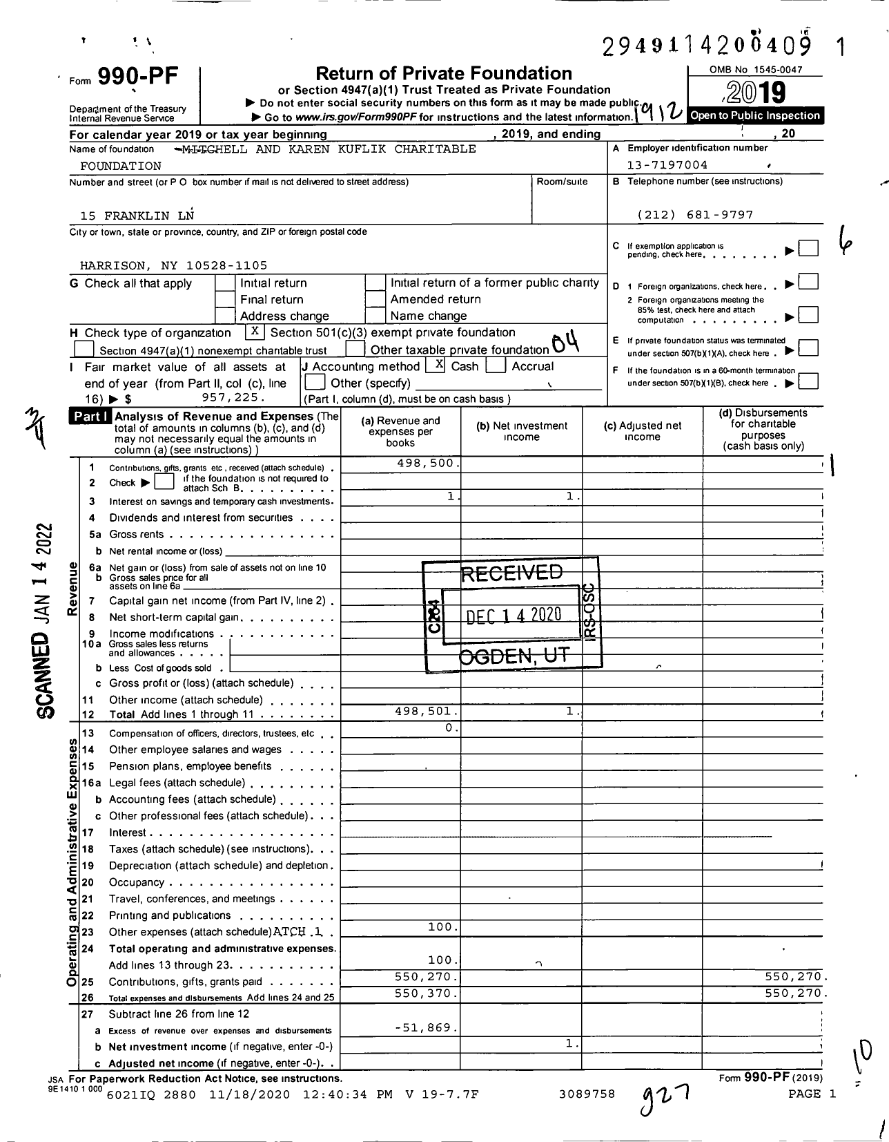 Image of first page of 2019 Form 990PF for Mitchell and Karen Kuflik Charitable Foundation