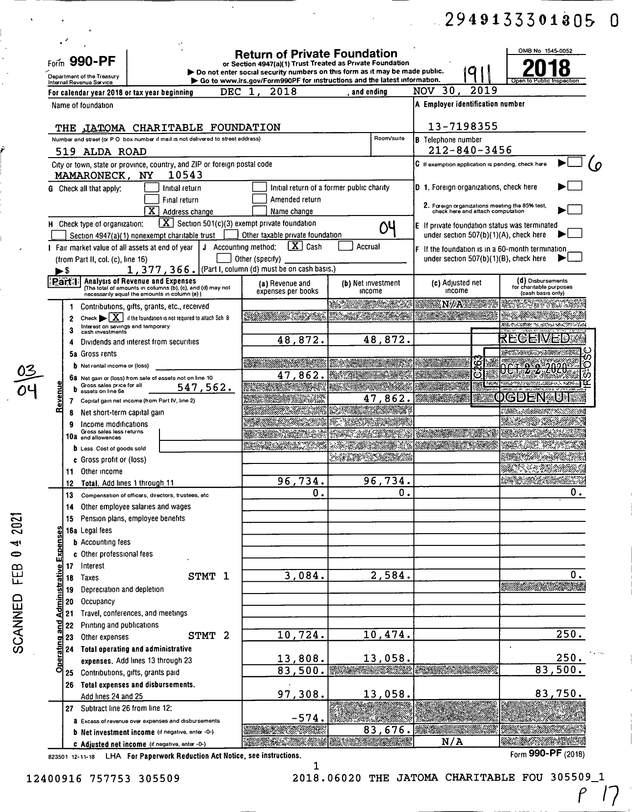 Image of first page of 2018 Form 990PF for The Jatoma Charitable Foundation