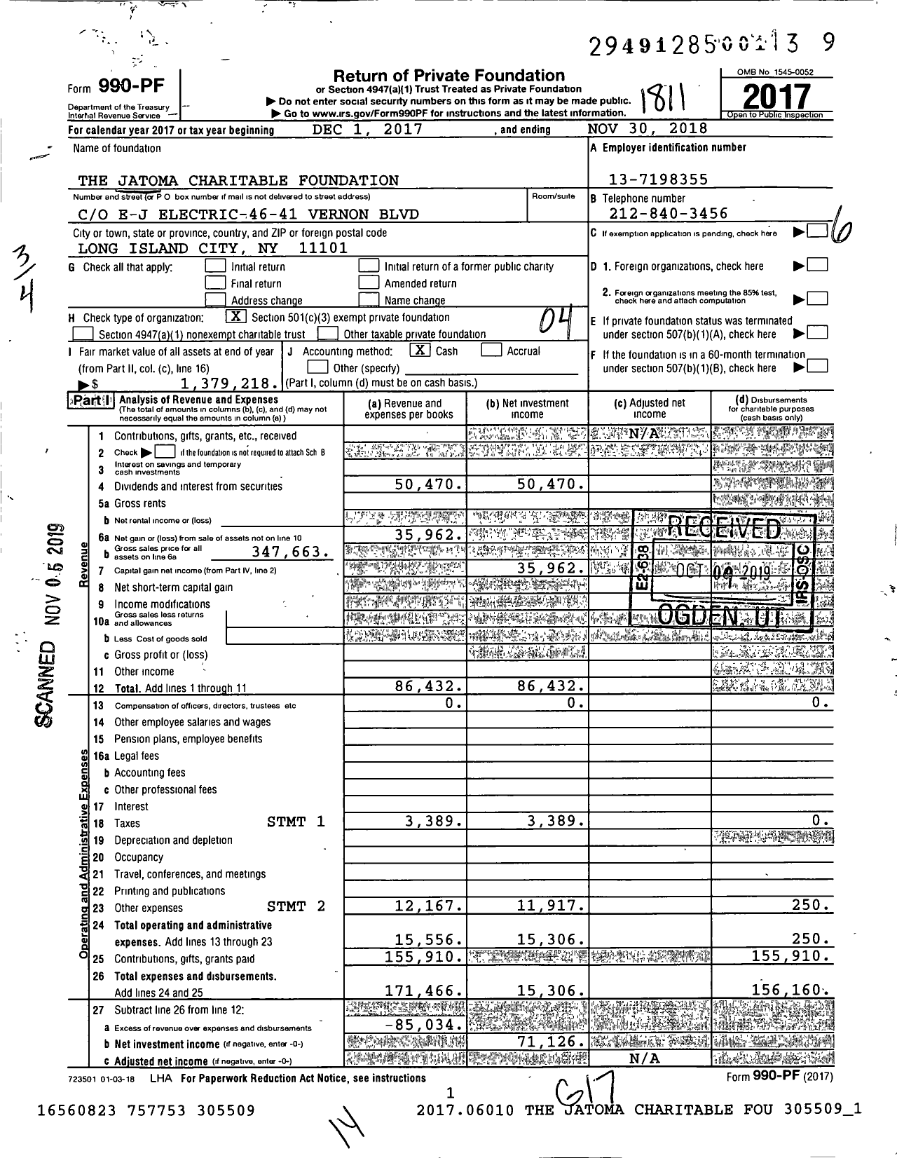 Image of first page of 2017 Form 990PF for The Jatoma Charitable Foundation
