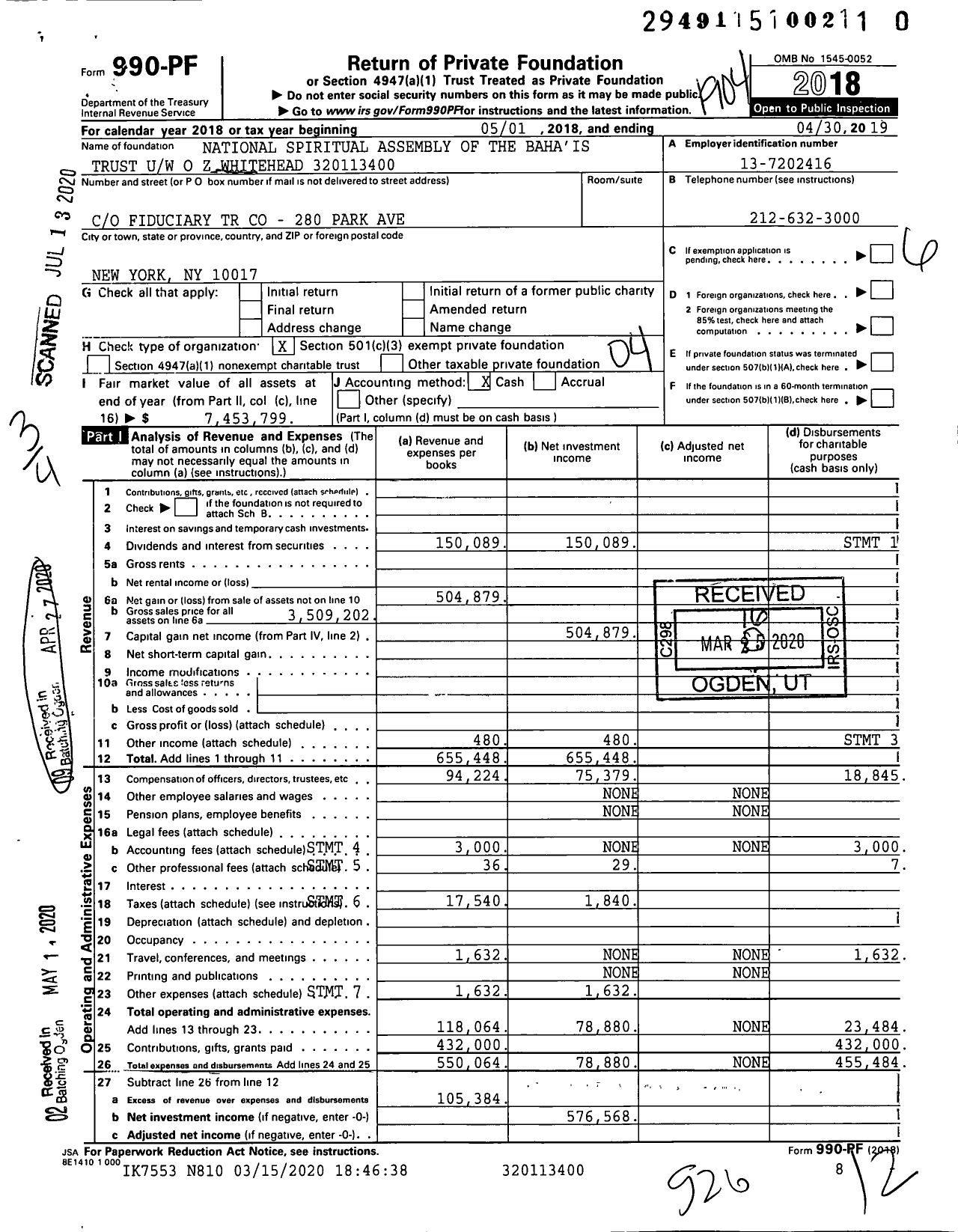 Image of first page of 2018 Form 990PR for National Spiritual Assembly of the Baha'is