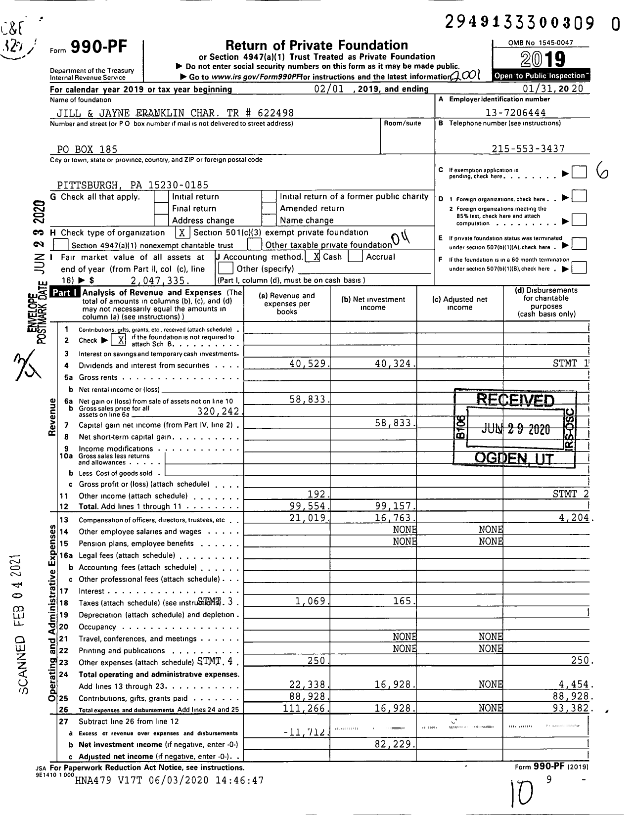 Image of first page of 2019 Form 990PF for Jill and Jayne Franklin Charitable Trust # 622498