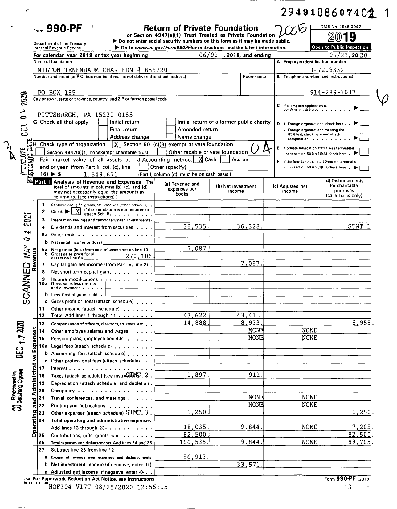 Image of first page of 2019 Form 990PF for Milton Tenenbaum Char Foundation # 856220