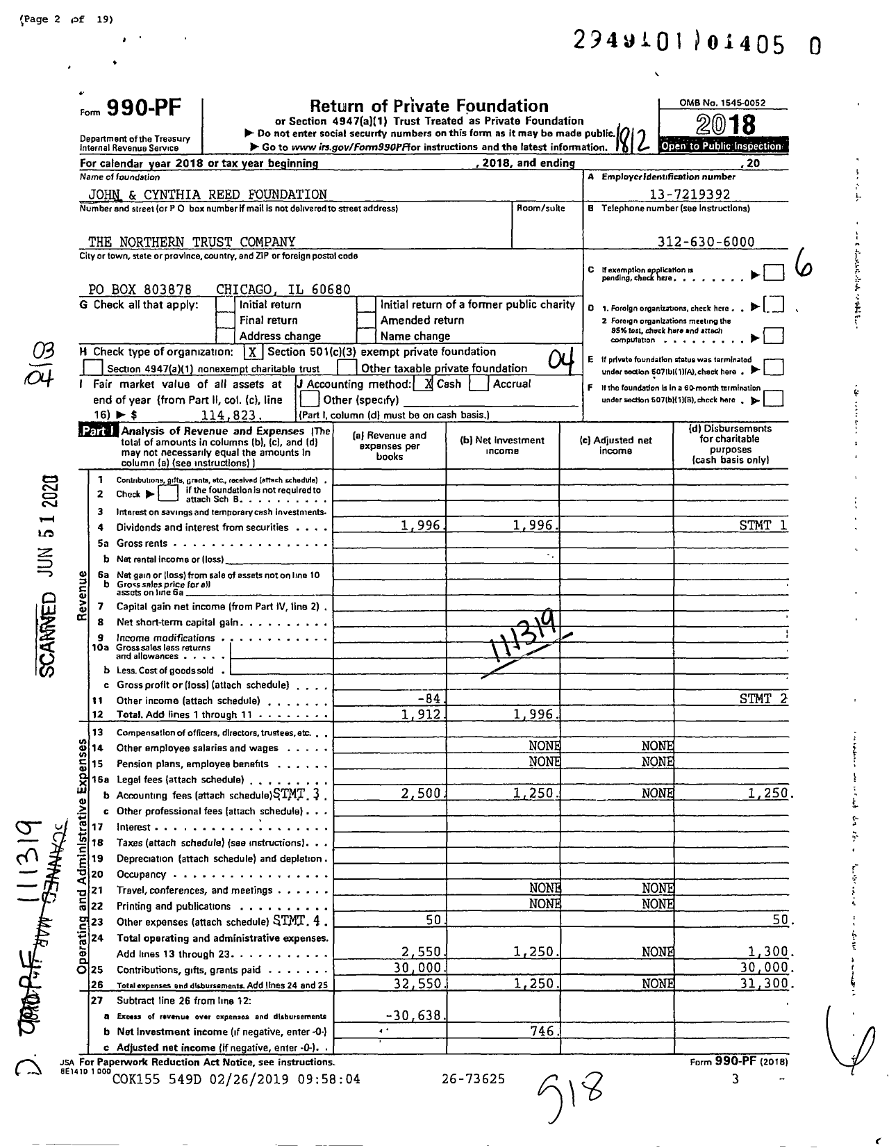 Image of first page of 2018 Form 990PR for John and Cynthia Reed Foundation