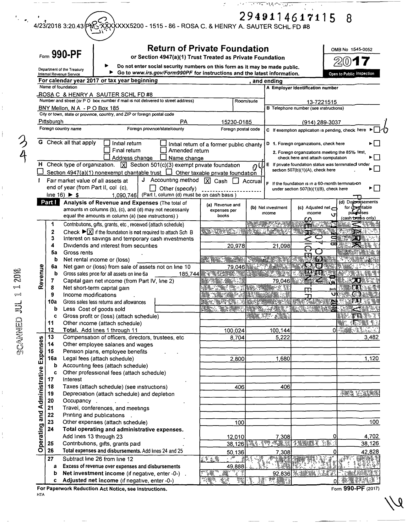 Image of first page of 2017 Form 990PF for Rosa C and Henry A Sauter SCHL FD #8