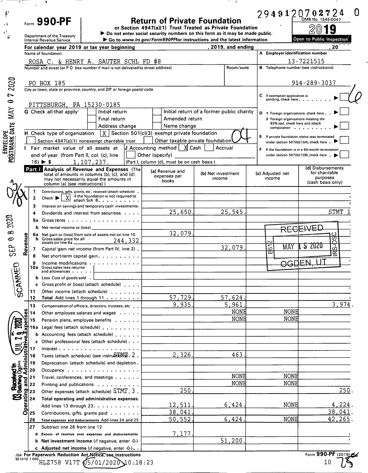 Image of first page of 2019 Form 990PR for Rosa C and Henry A Sauter SCHL FD #8