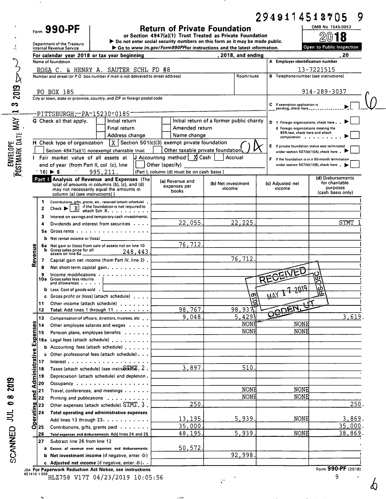 Image of first page of 2018 Form 990PF for Rosa C and Henry A Sauter SCHL FD #8