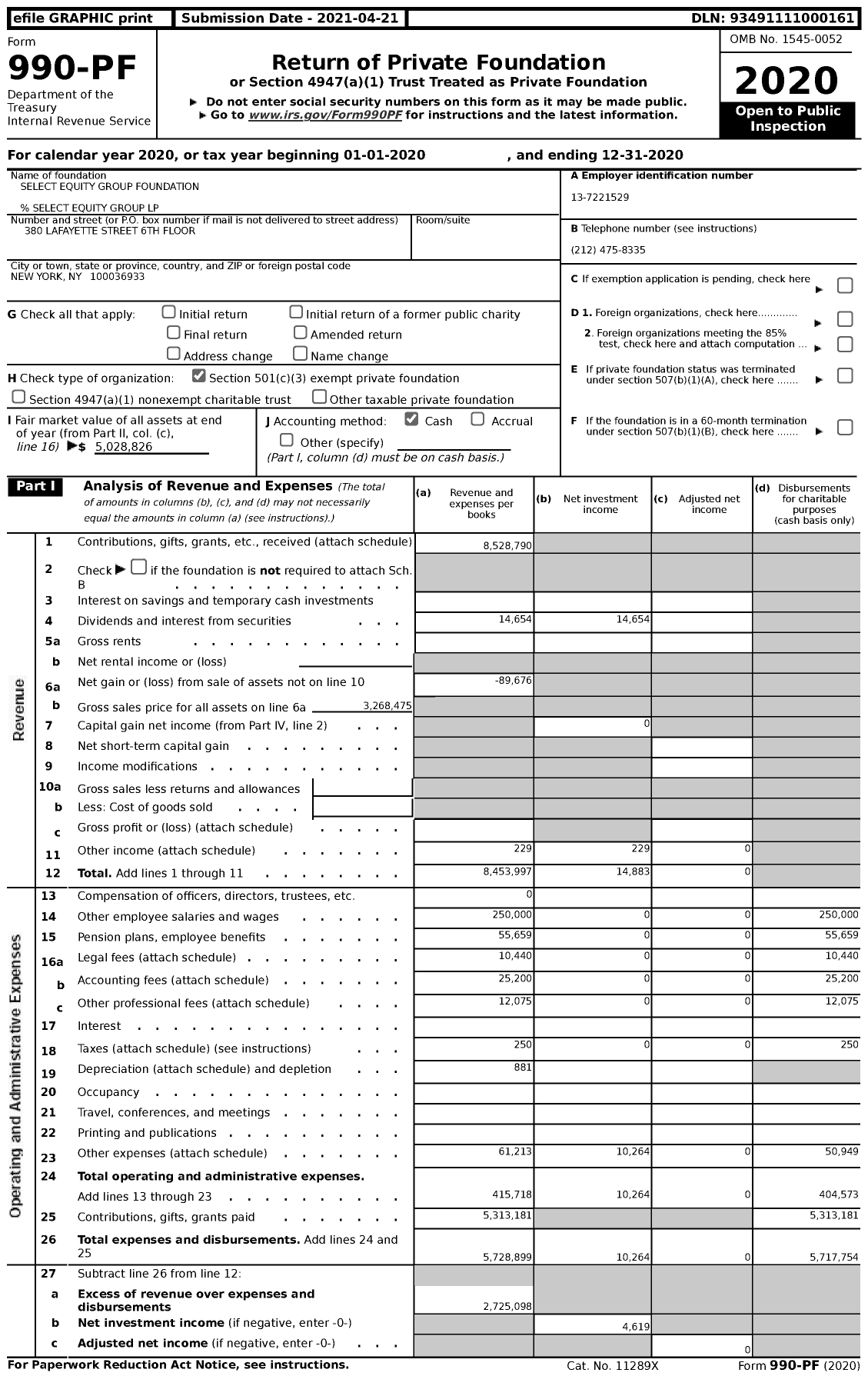 Image of first page of 2020 Form 990PF for Select Equity Group Foundation