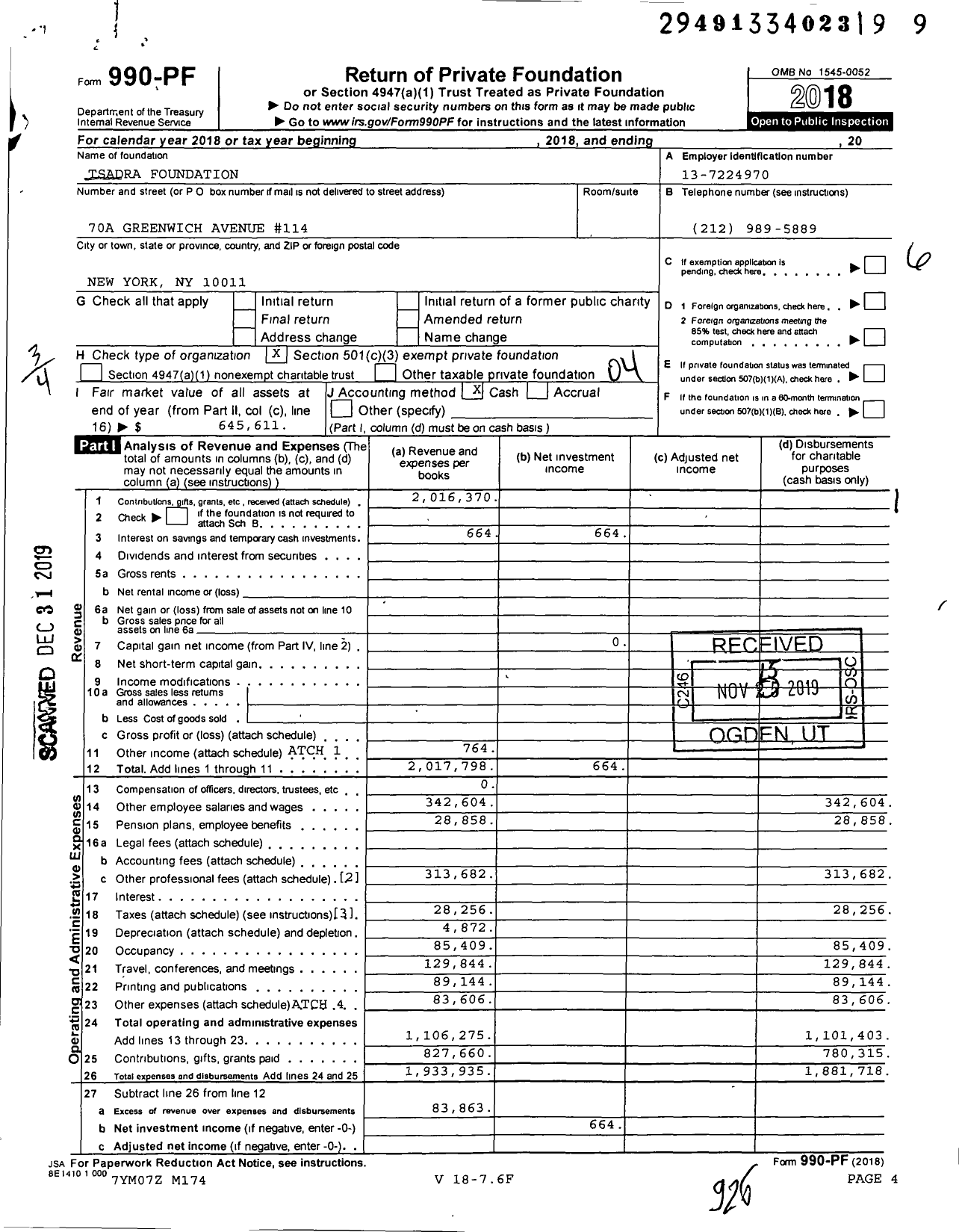 Image of first page of 2018 Form 990PF for Tsadra Foundation