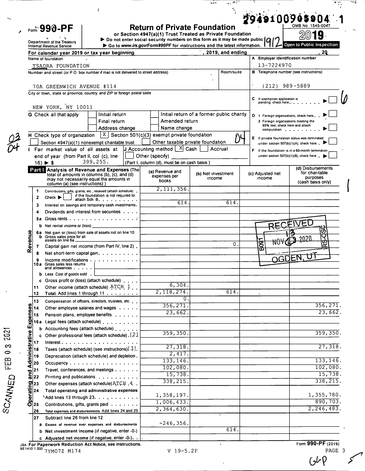 Image of first page of 2019 Form 990PF for Tsadra Foundation
