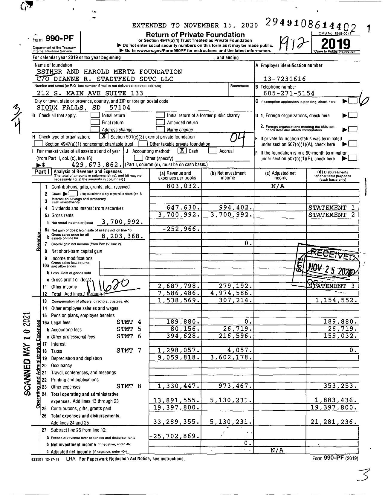 Image of first page of 2019 Form 990PF for Esther and Harold Mertz Foundation